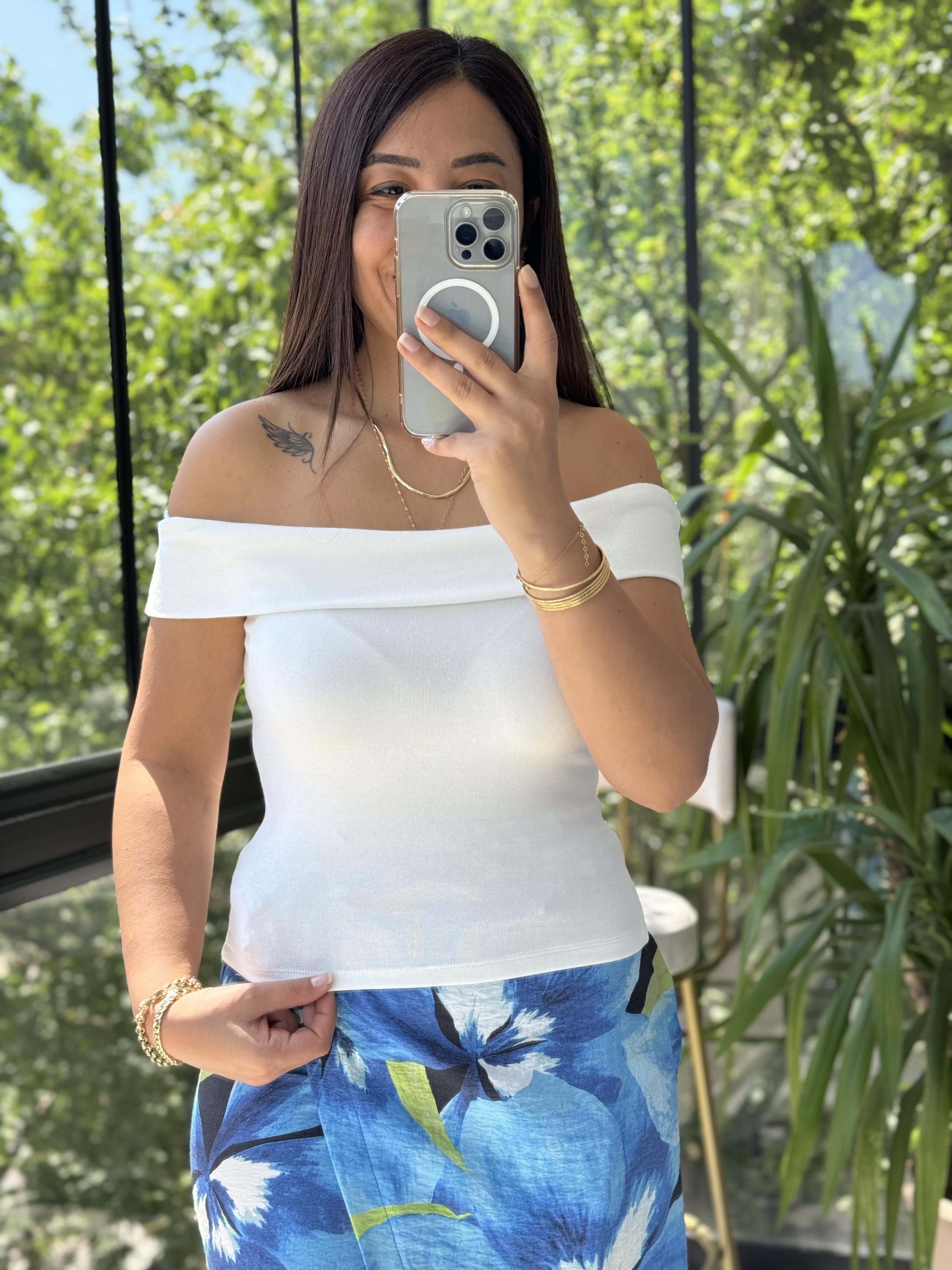 Omuzları Açık Crop Top Ekru