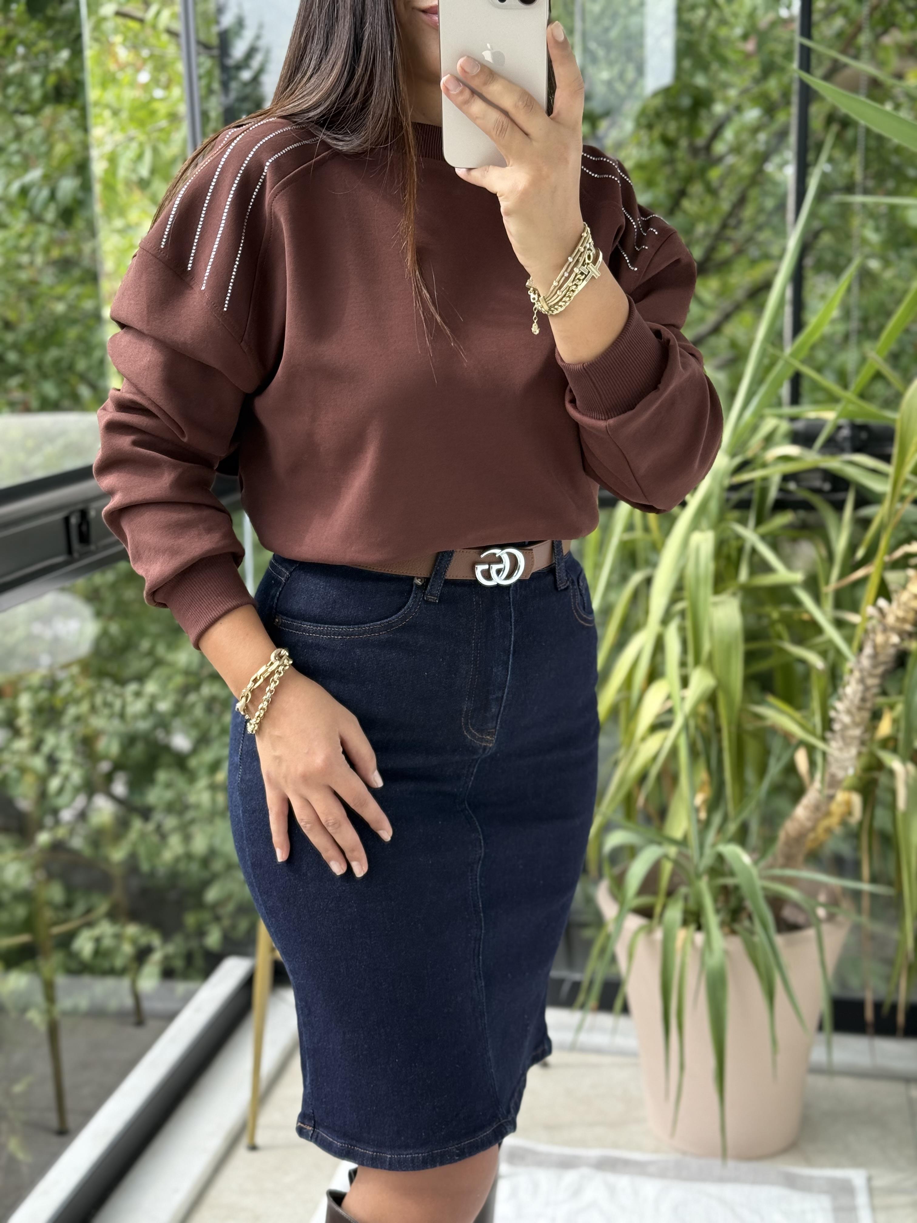 Omzu Sıra Taşlı Sweatshirt Kahve