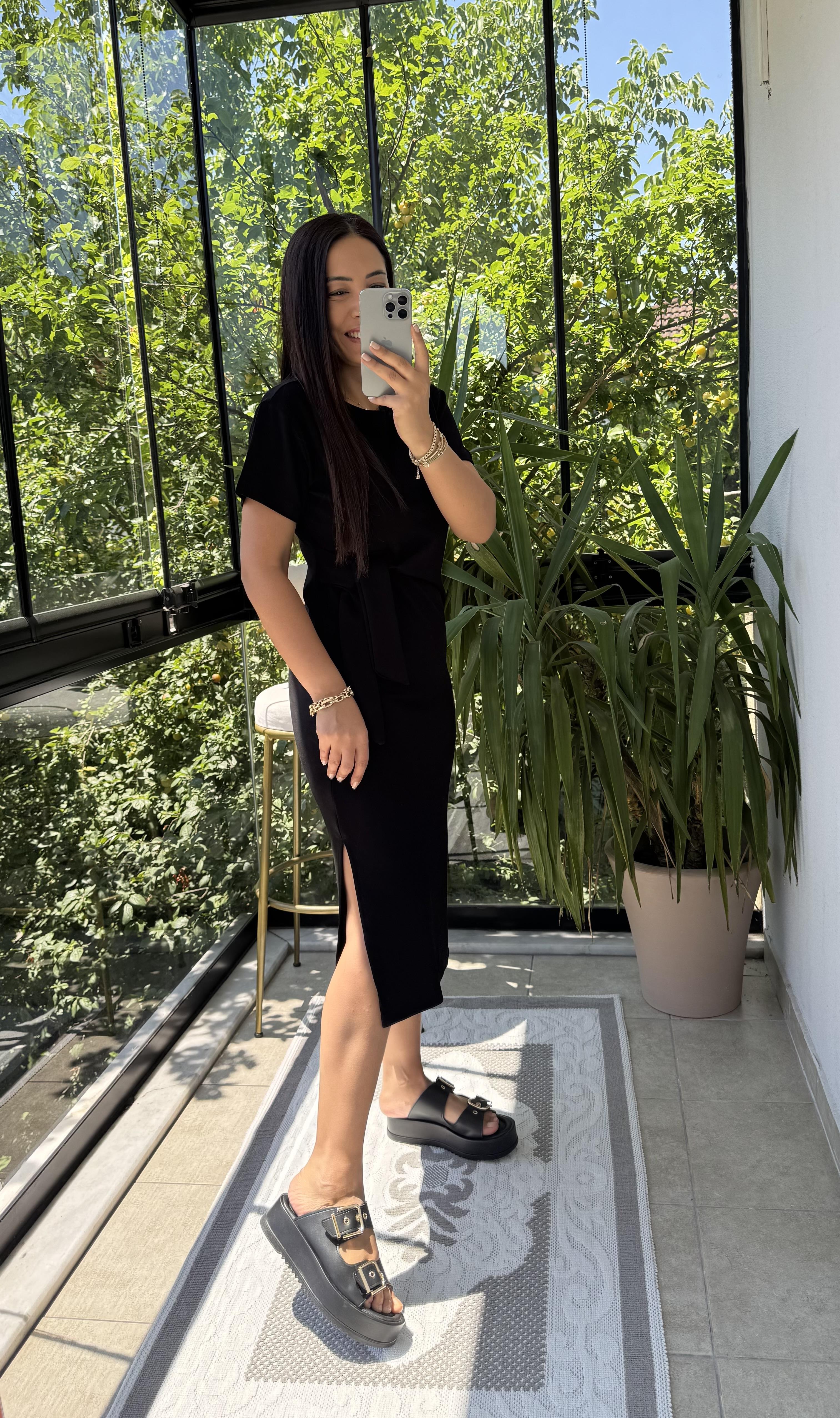 Önü Bağlama Detaylı Modal Elbise Siyah