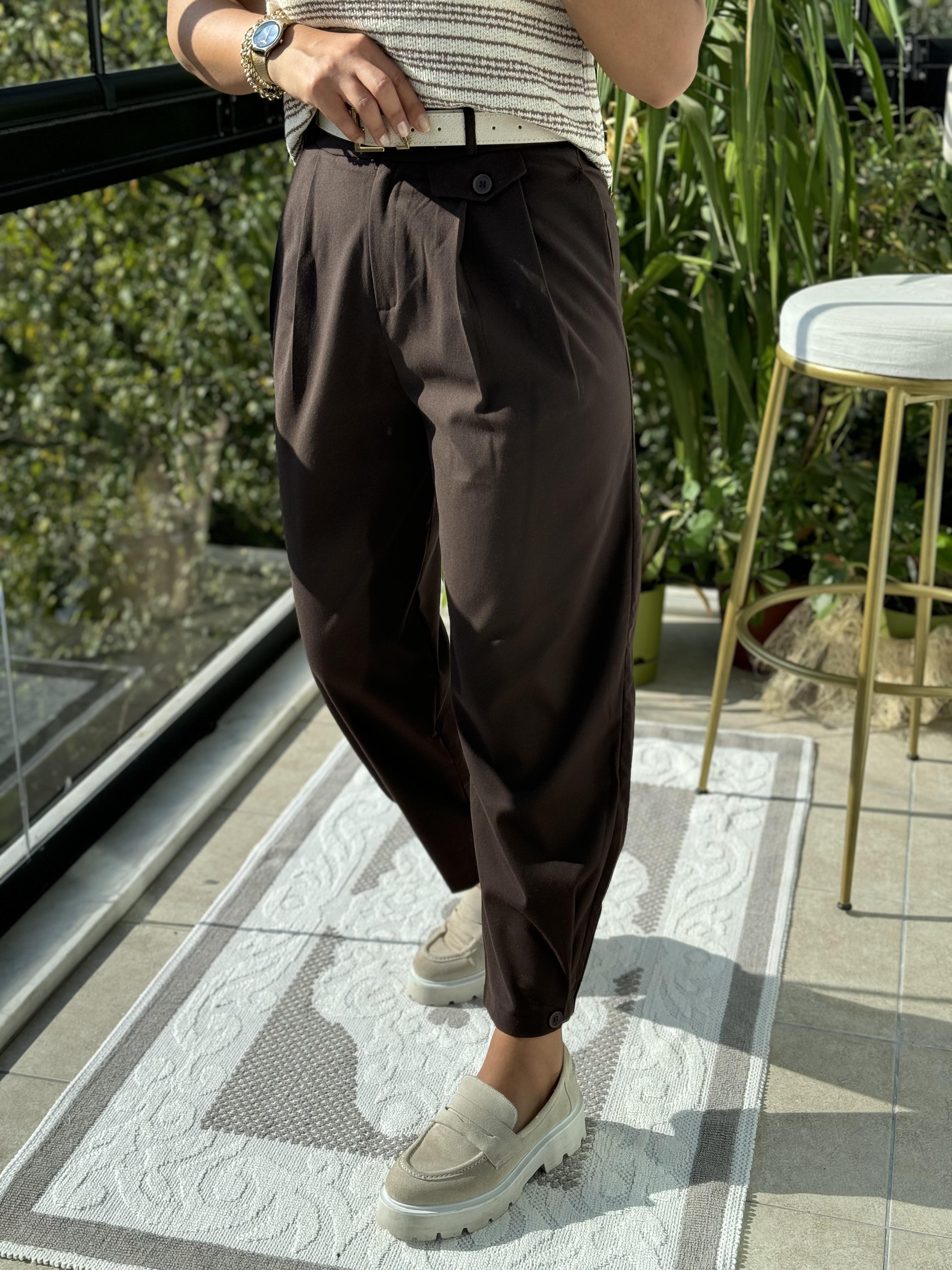 Paçası Düğmeli Pantolon Kahve