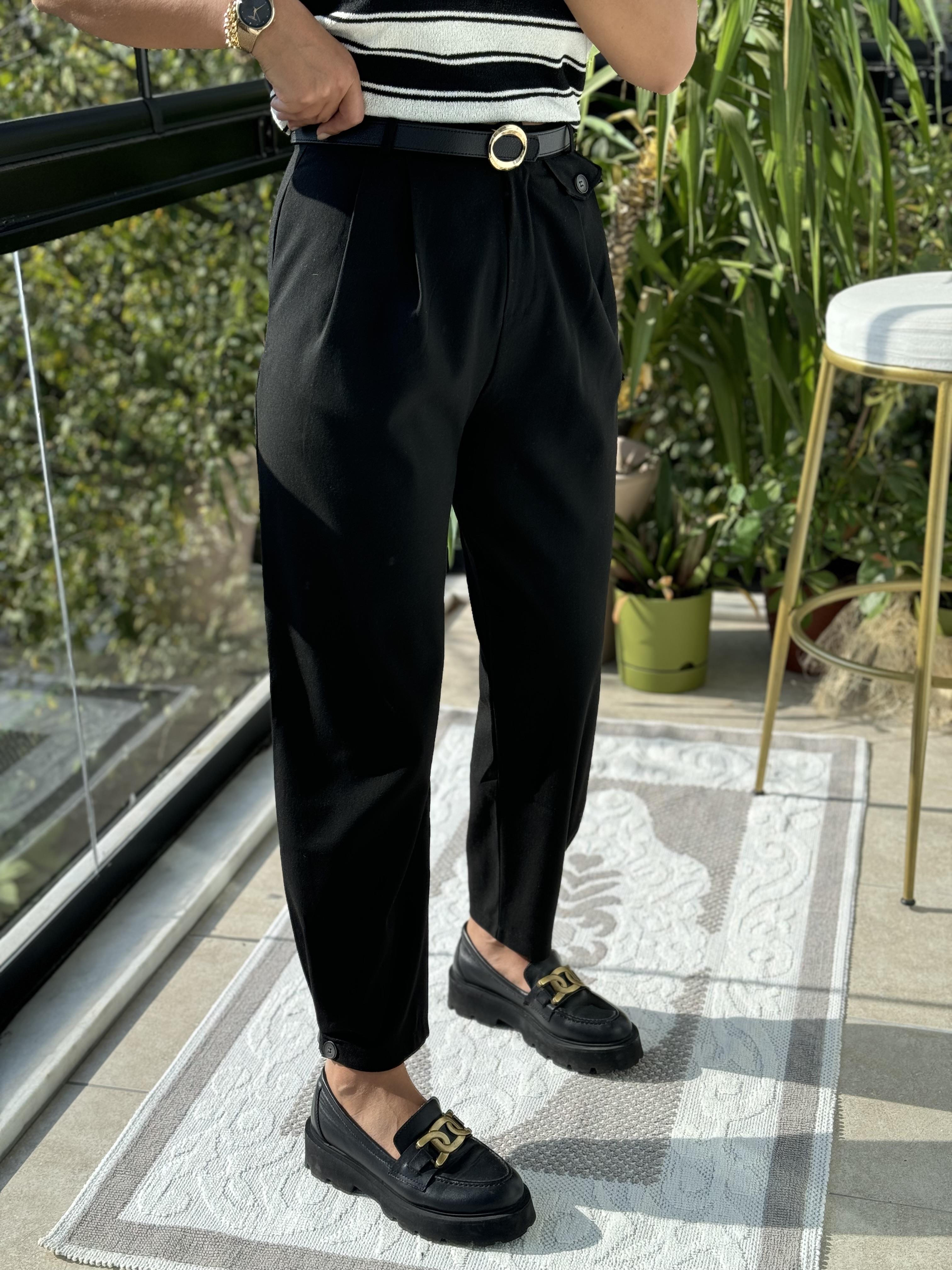 Paçası Düğmeli Pantolon Siyah