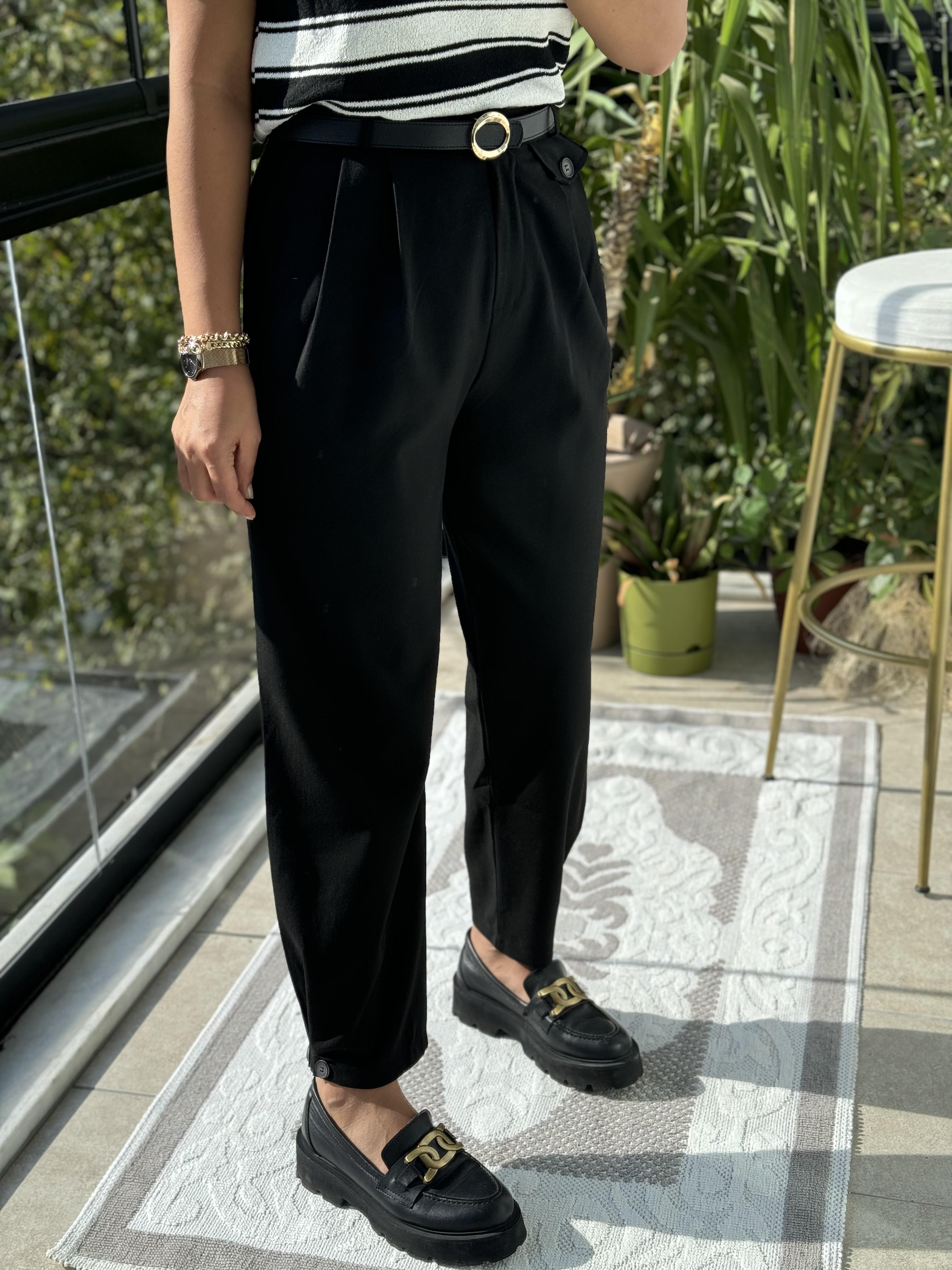 Paçası Düğmeli Pantolon Siyah