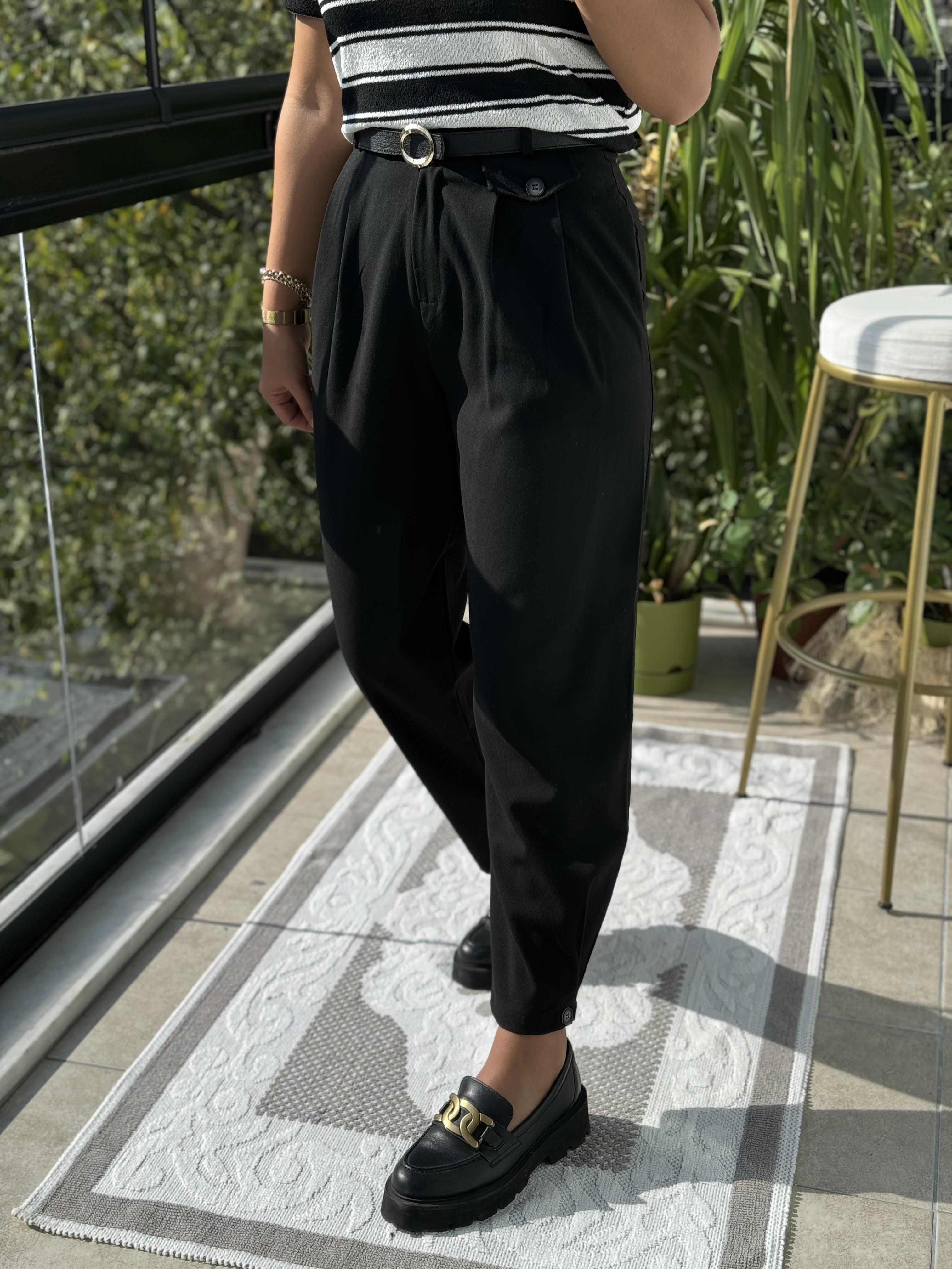 Paçası Düğmeli Pantolon Siyah