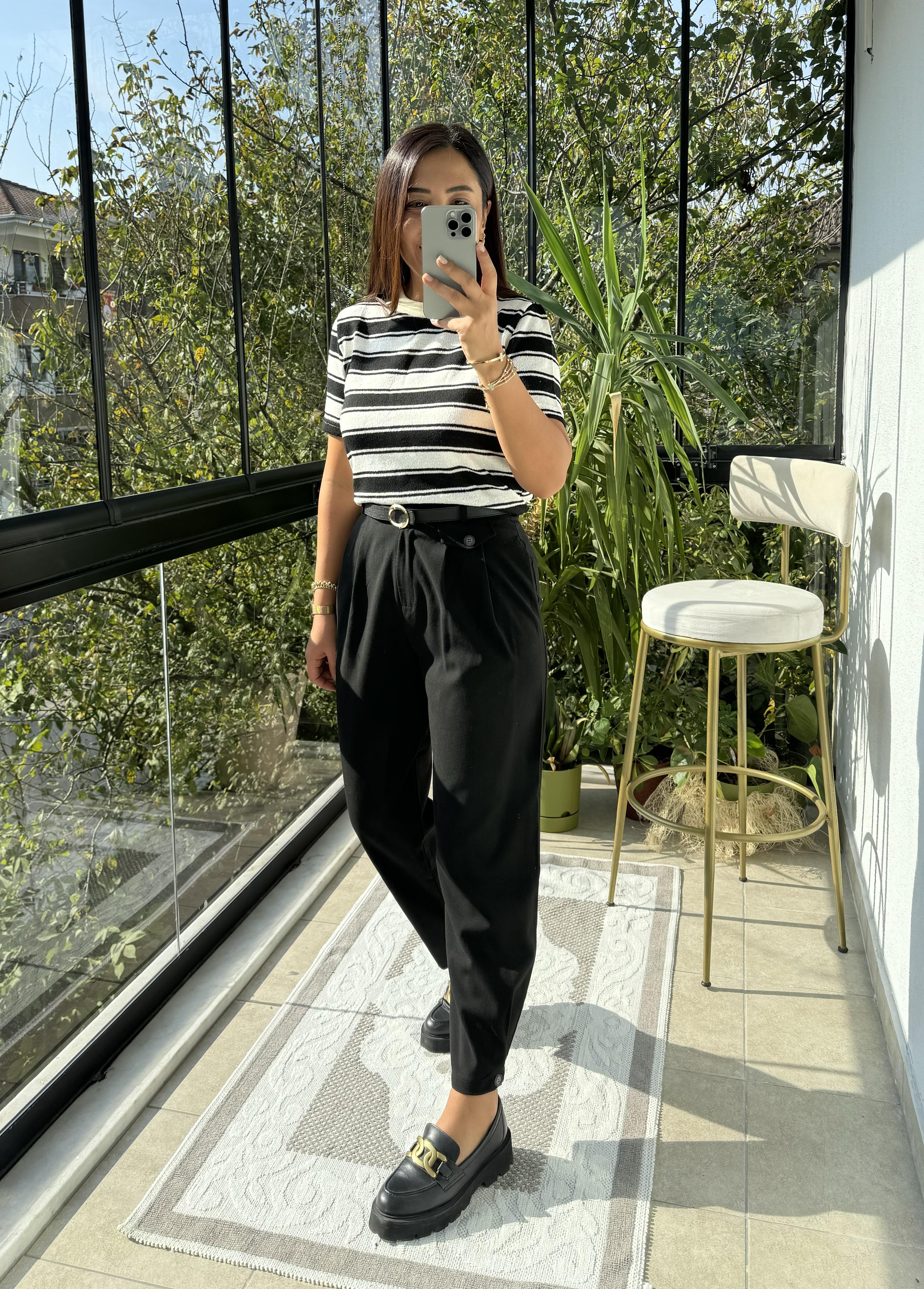 Paçası Düğmeli Pantolon Siyah