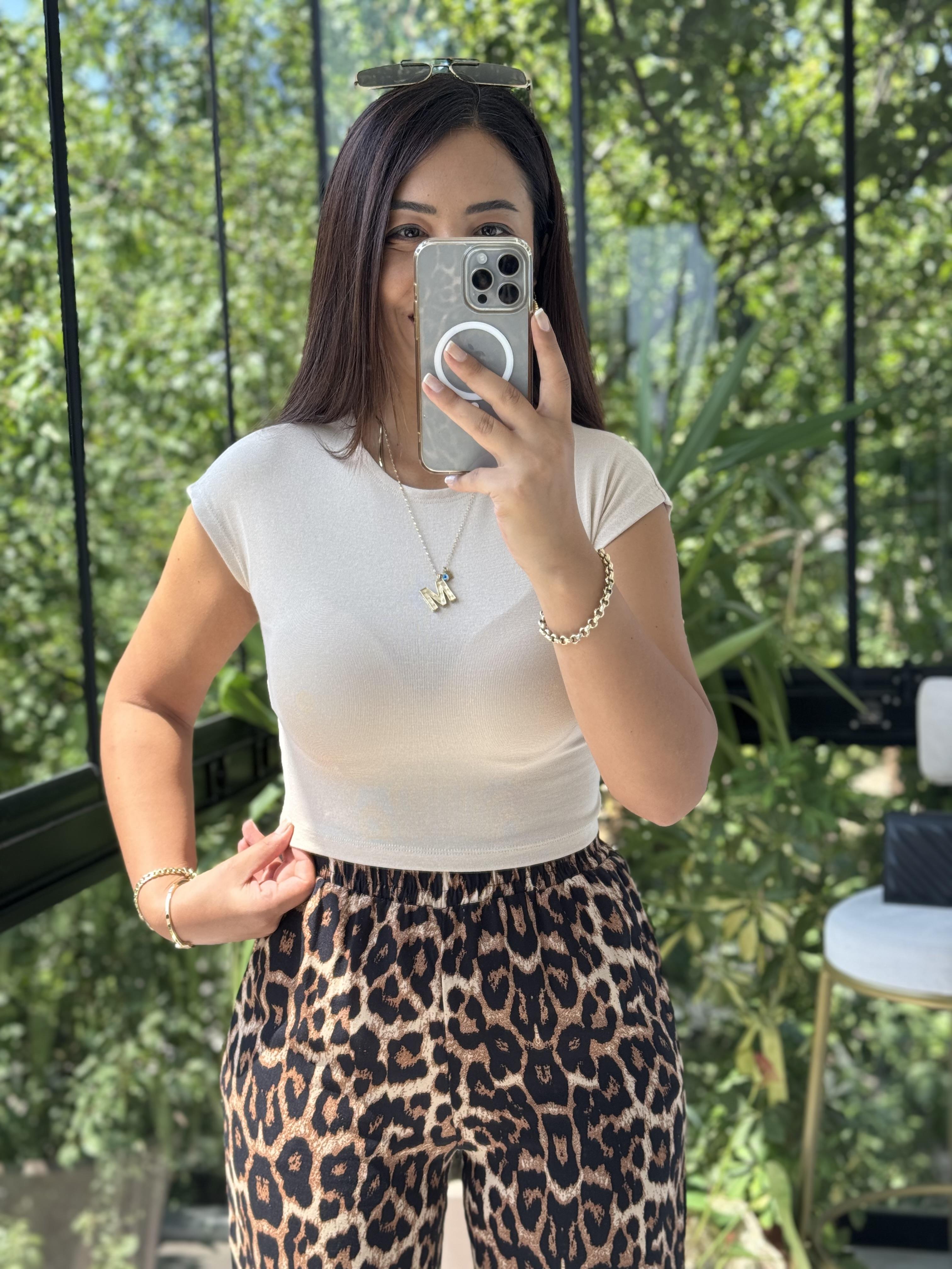 Pamuk Ve Modal Karışımı Crop Tişört Bej