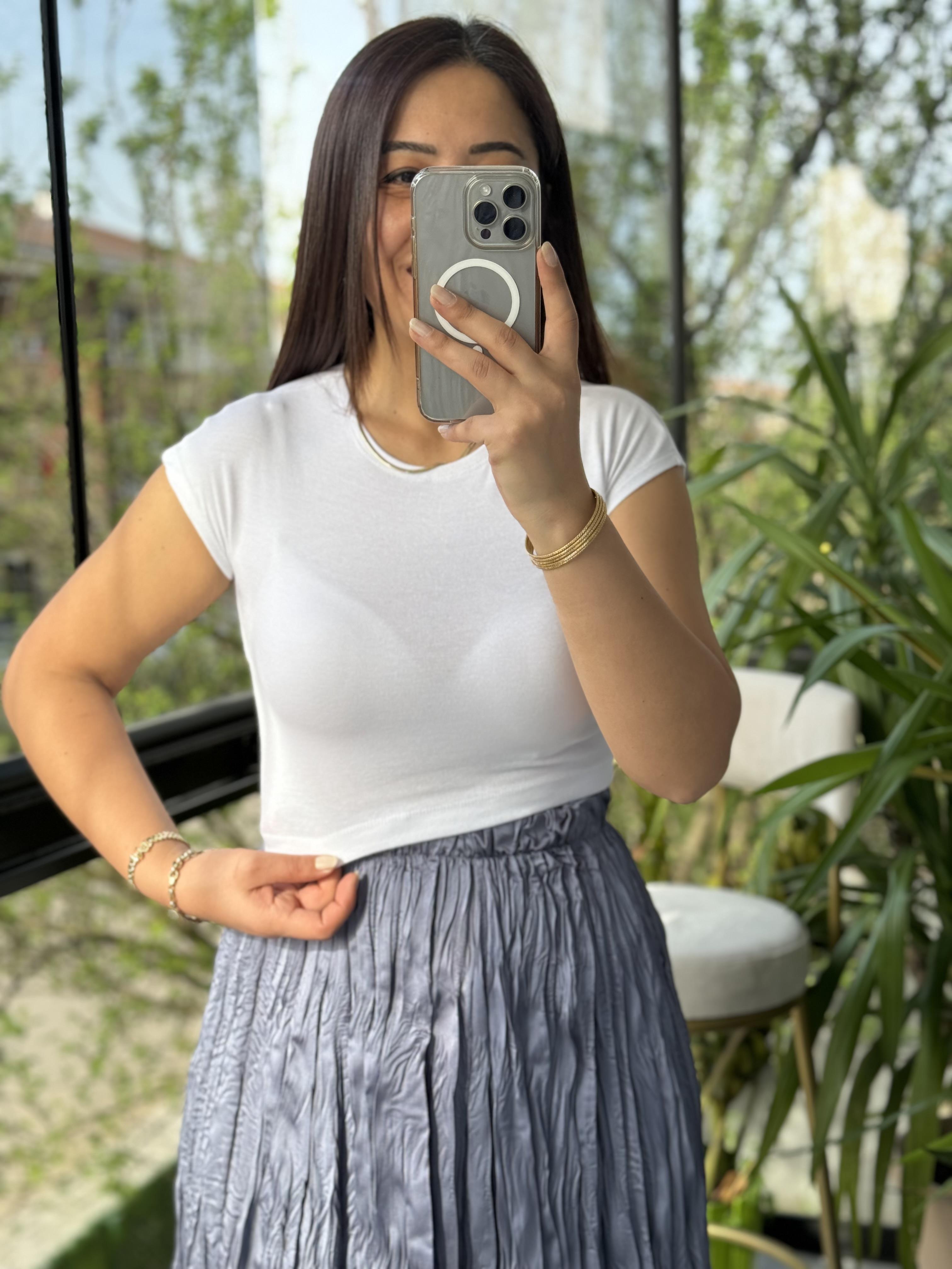 Pamuk Ve Modal Karışımı Crop Tişört Ekru