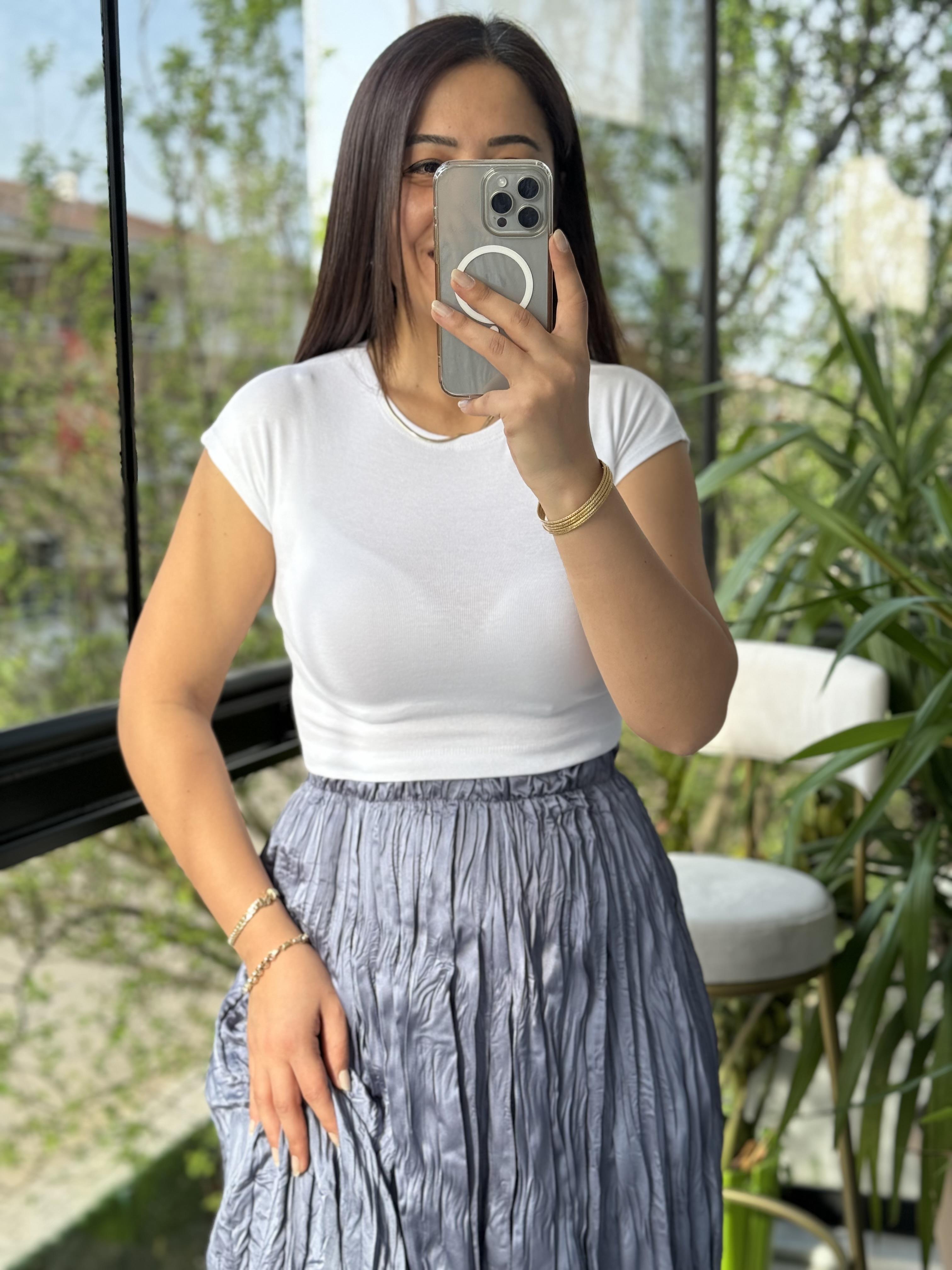 Pamuk Ve Modal Karışımı Crop Tişört Ekru
