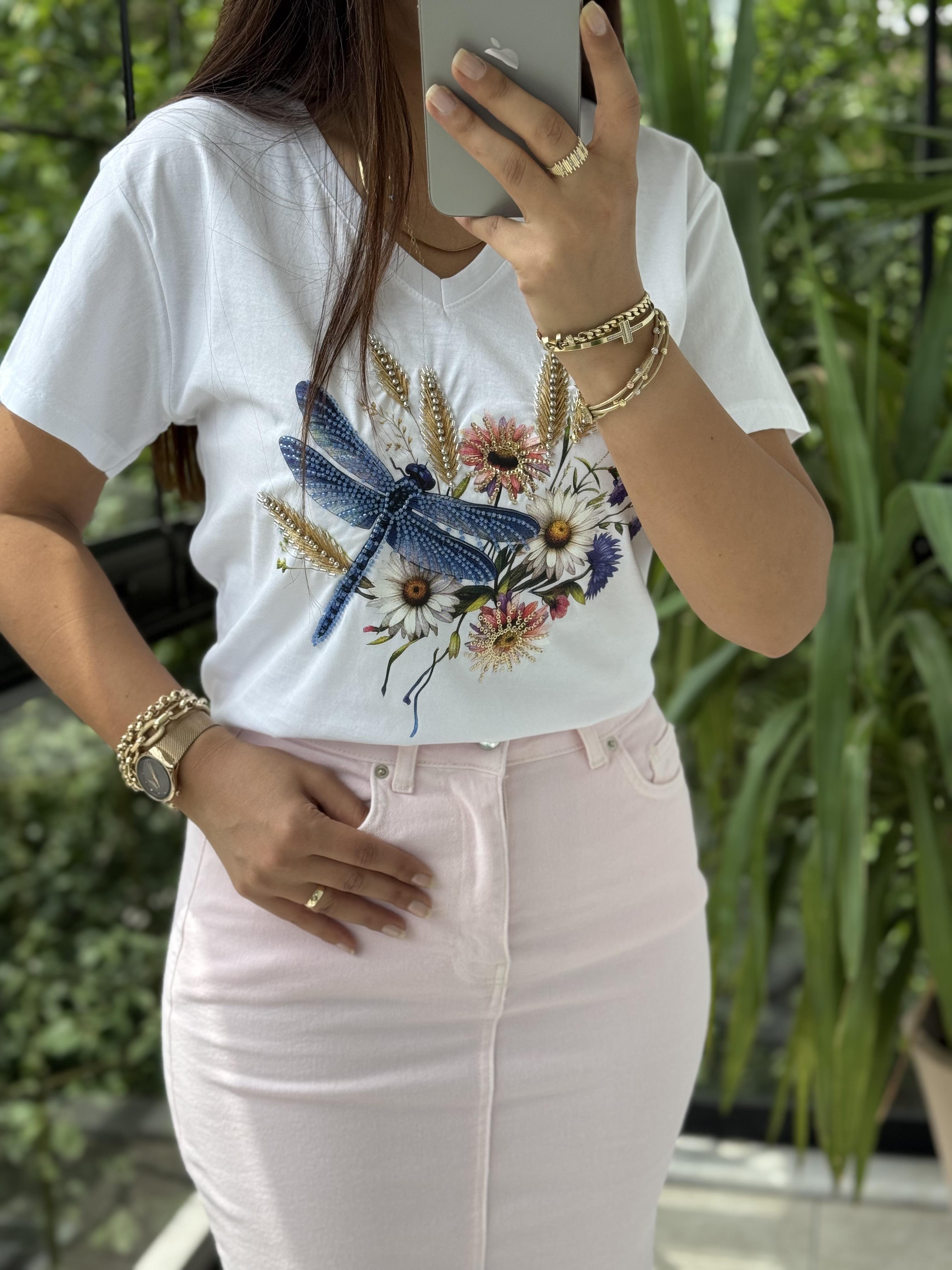 Pamuklu Tişört Çiçekli Boncuklu