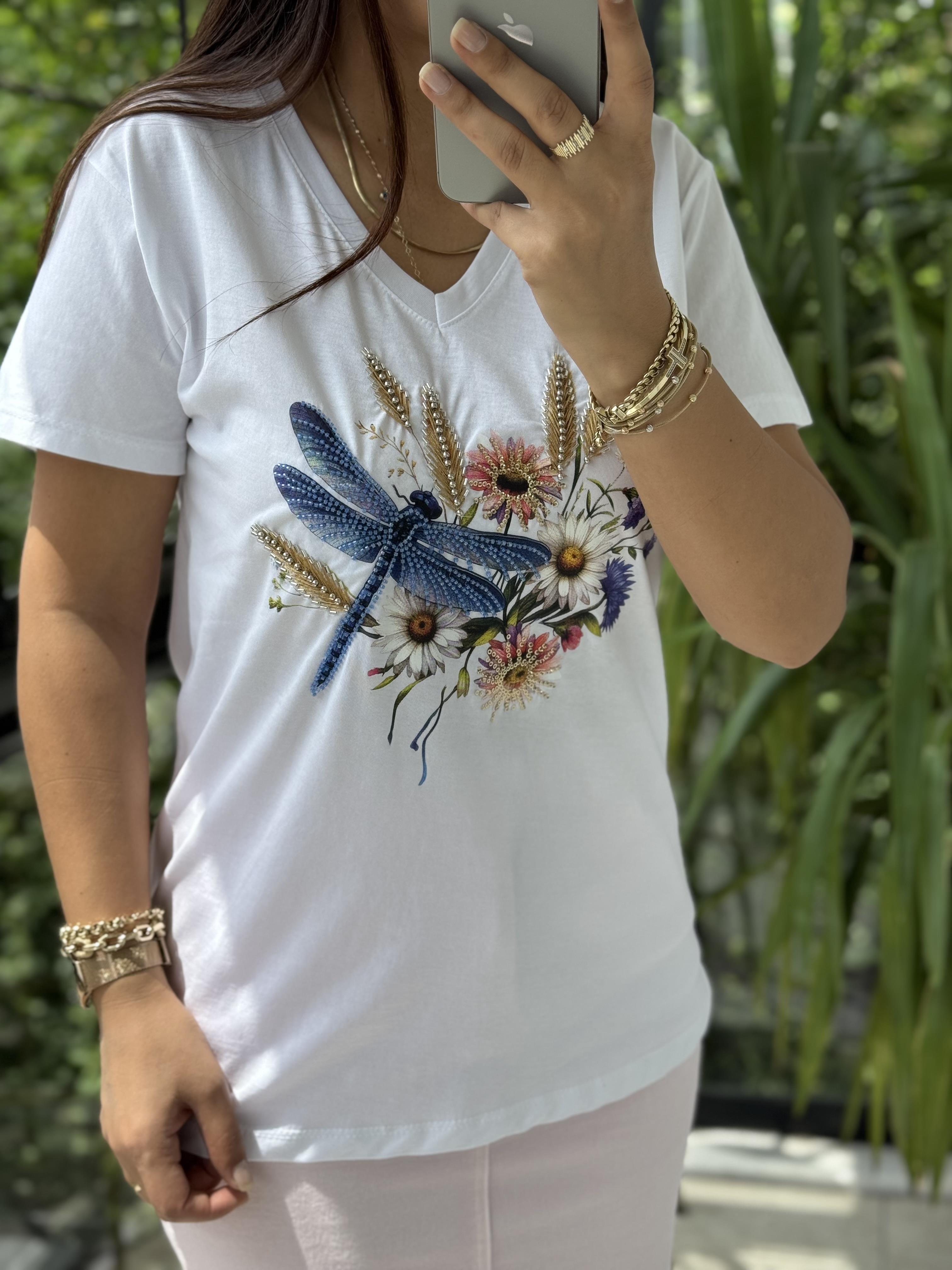 Pamuklu Tişört Çiçekli Boncuklu