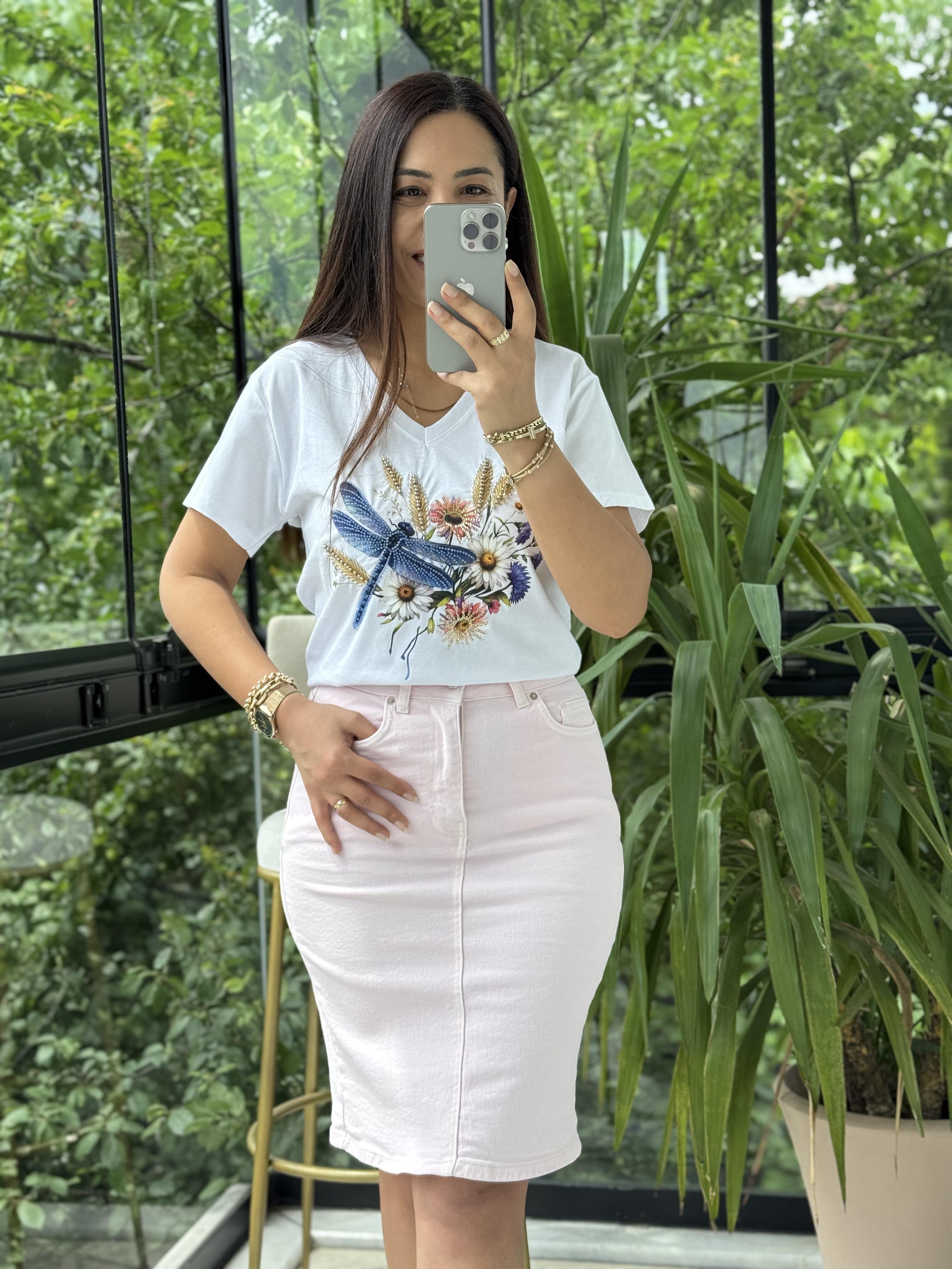 Pamuklu Tişört Çiçekli Boncuklu