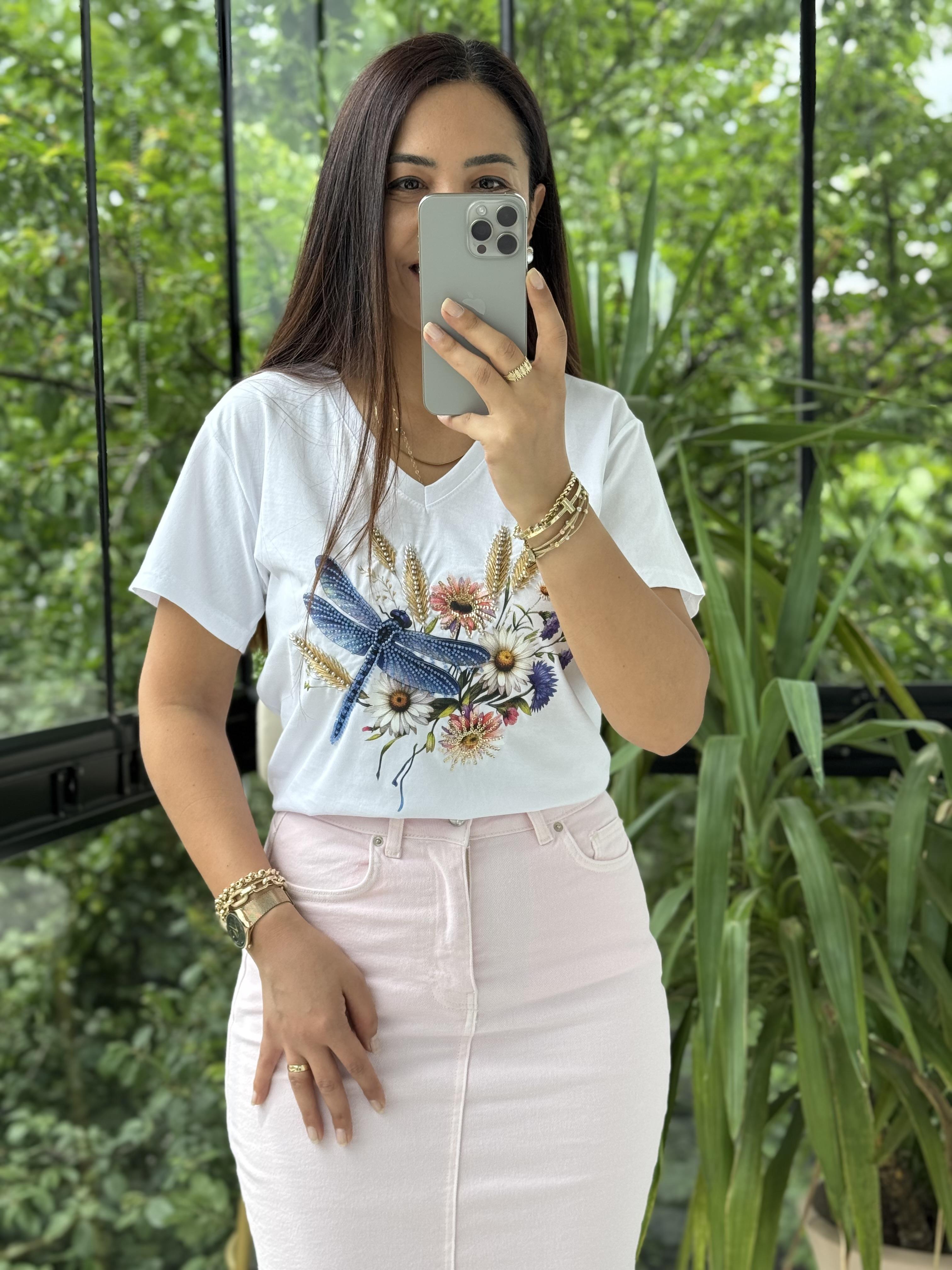 Pamuklu Tişört Çiçekli Boncuklu