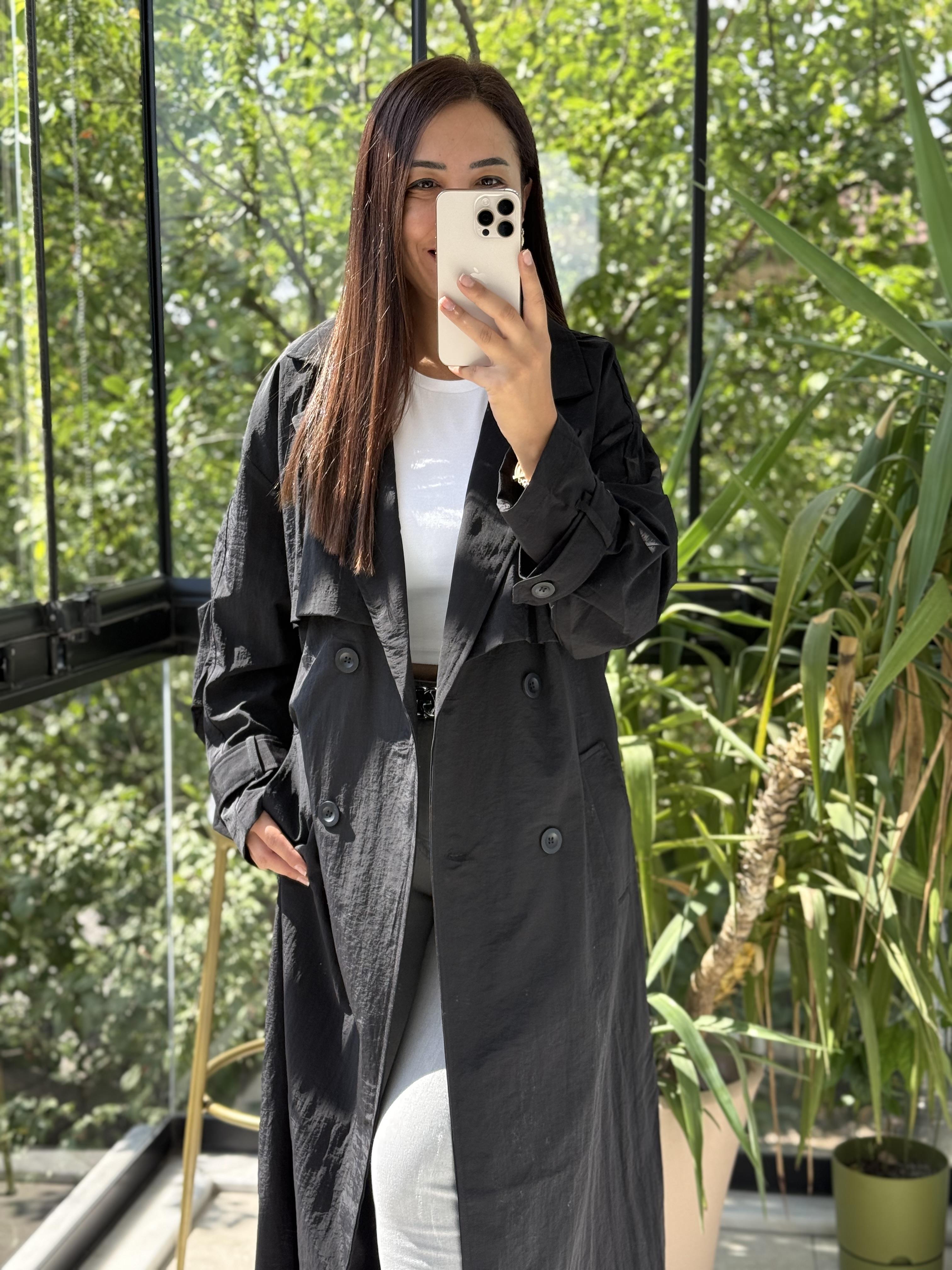 Paraşüt Kumaş Oversize Trenç Siyah