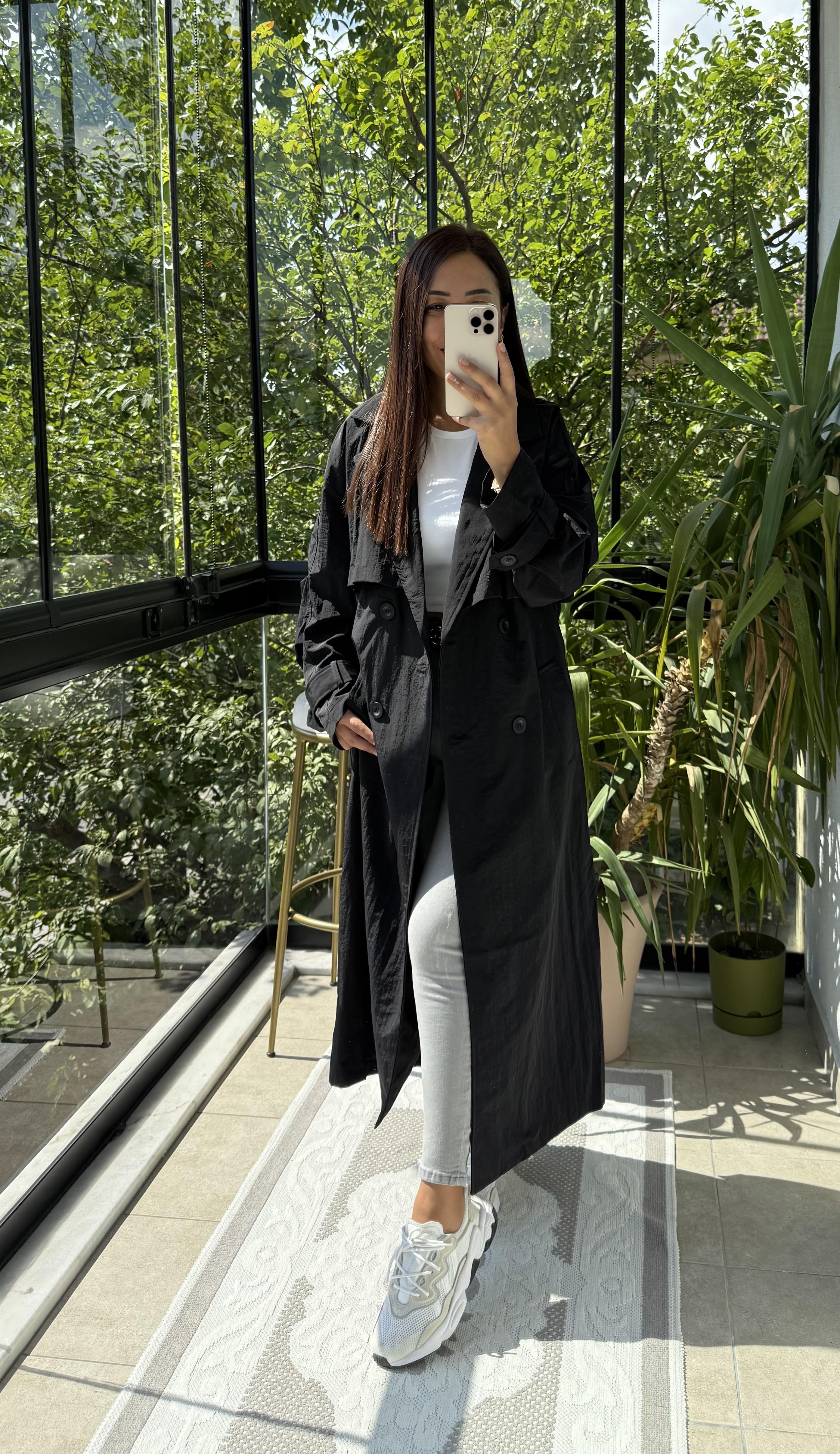 Paraşüt Kumaş Oversize Trenç Siyah