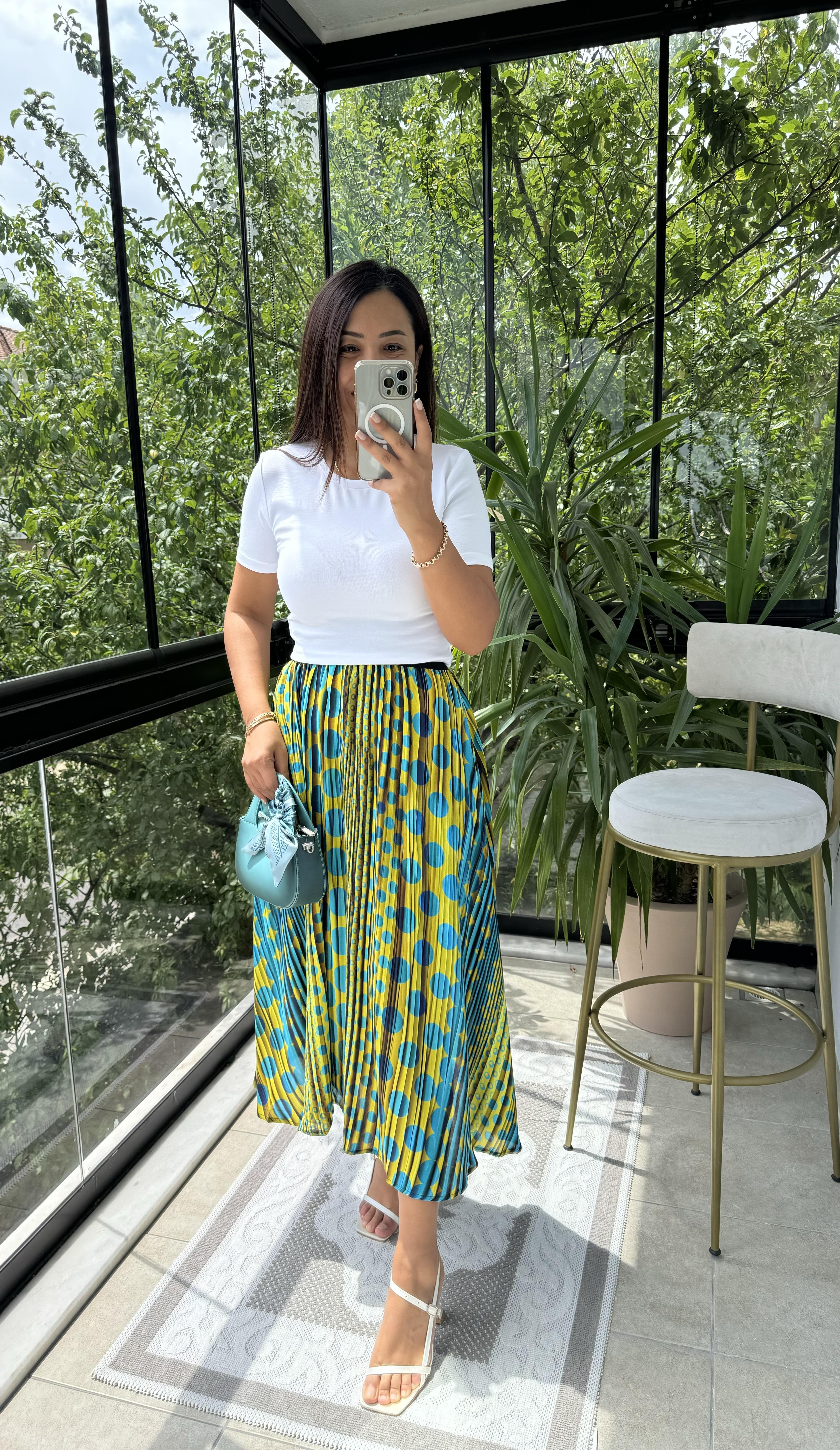 Pileli Desenli Etek Turkuaz