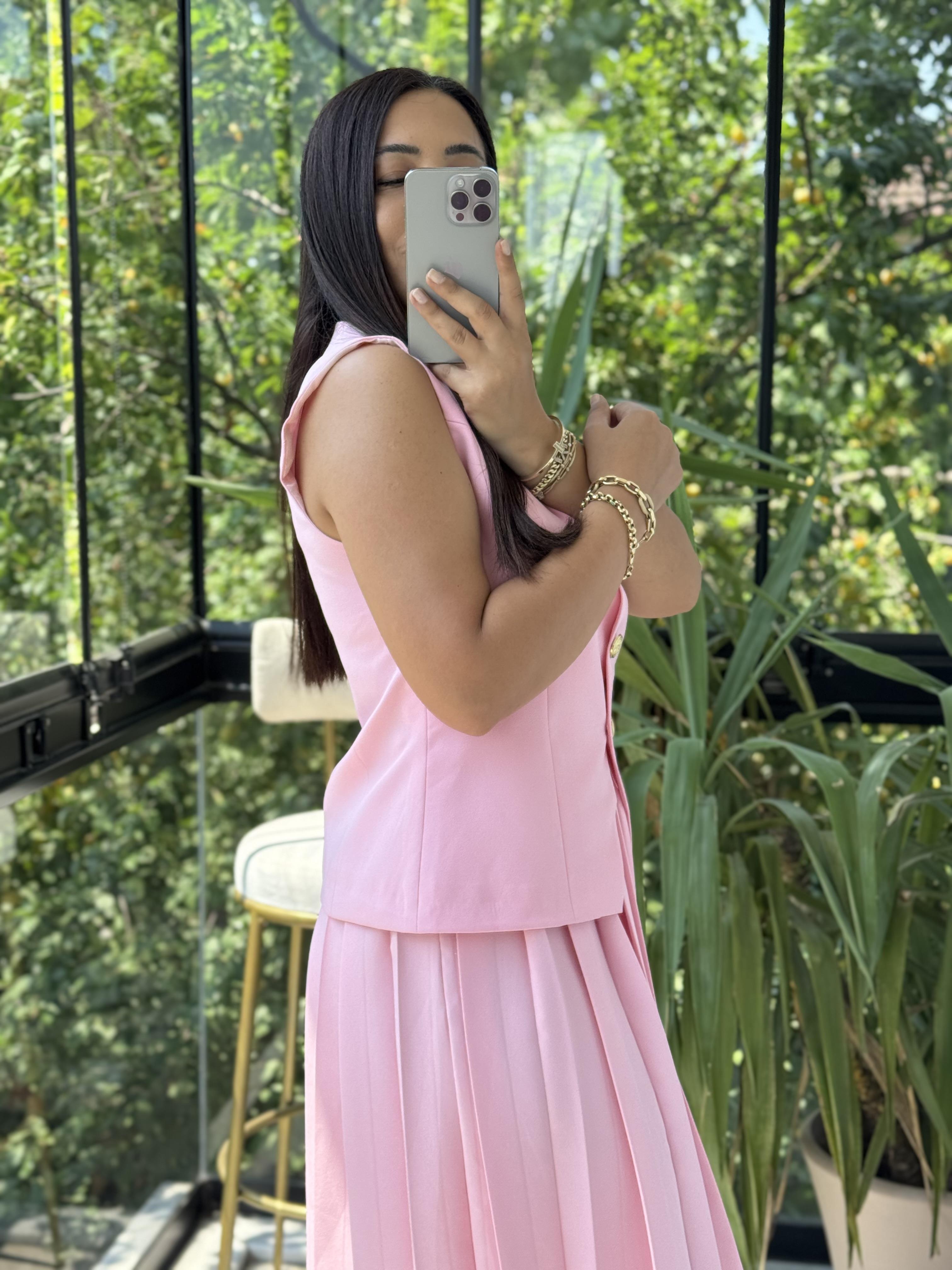 Pileli Etekli Yelek Takım Pembe