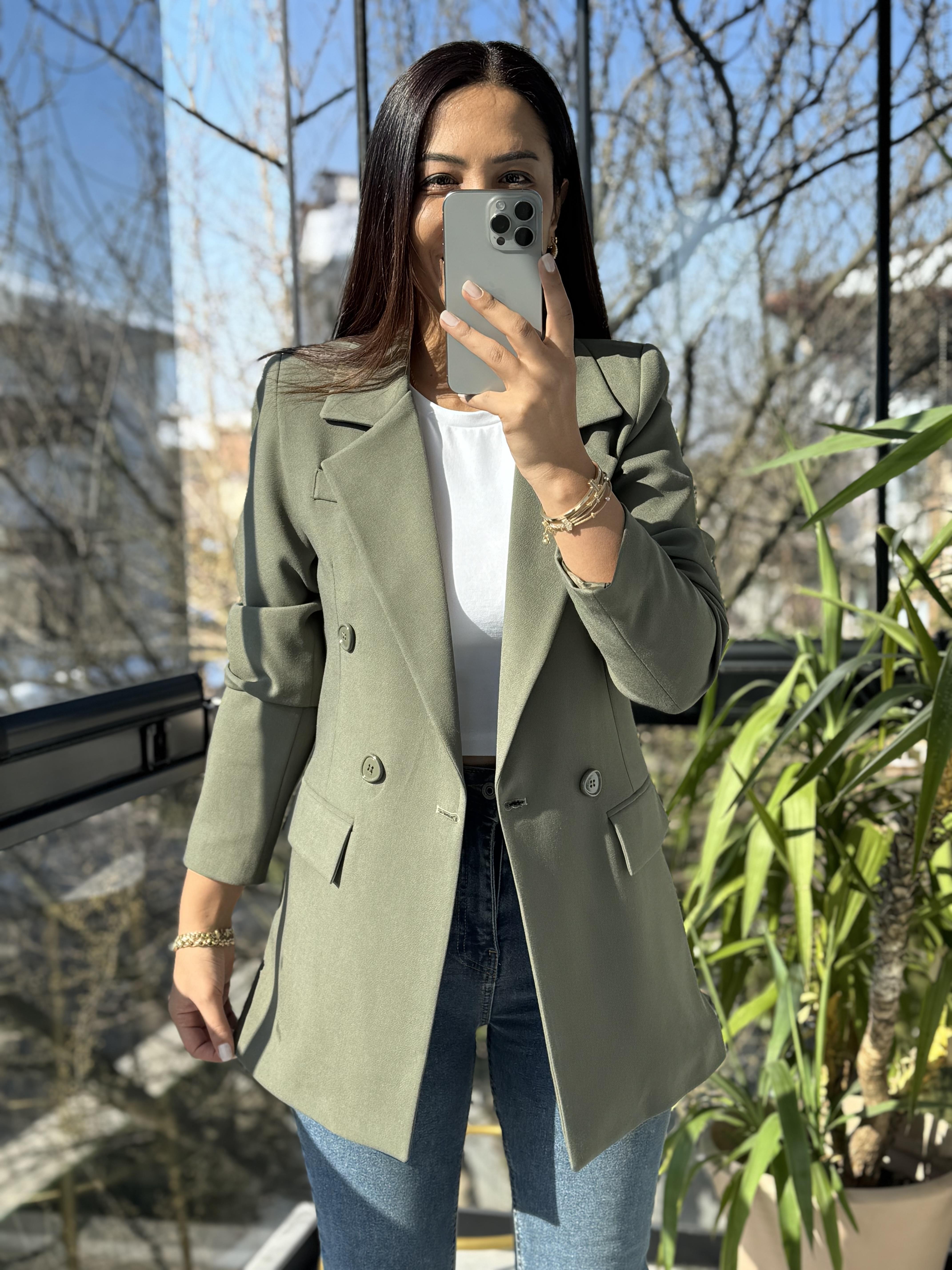 Poliviskon Kumaş Slimfit Blazer Ceket Haki Yeşili