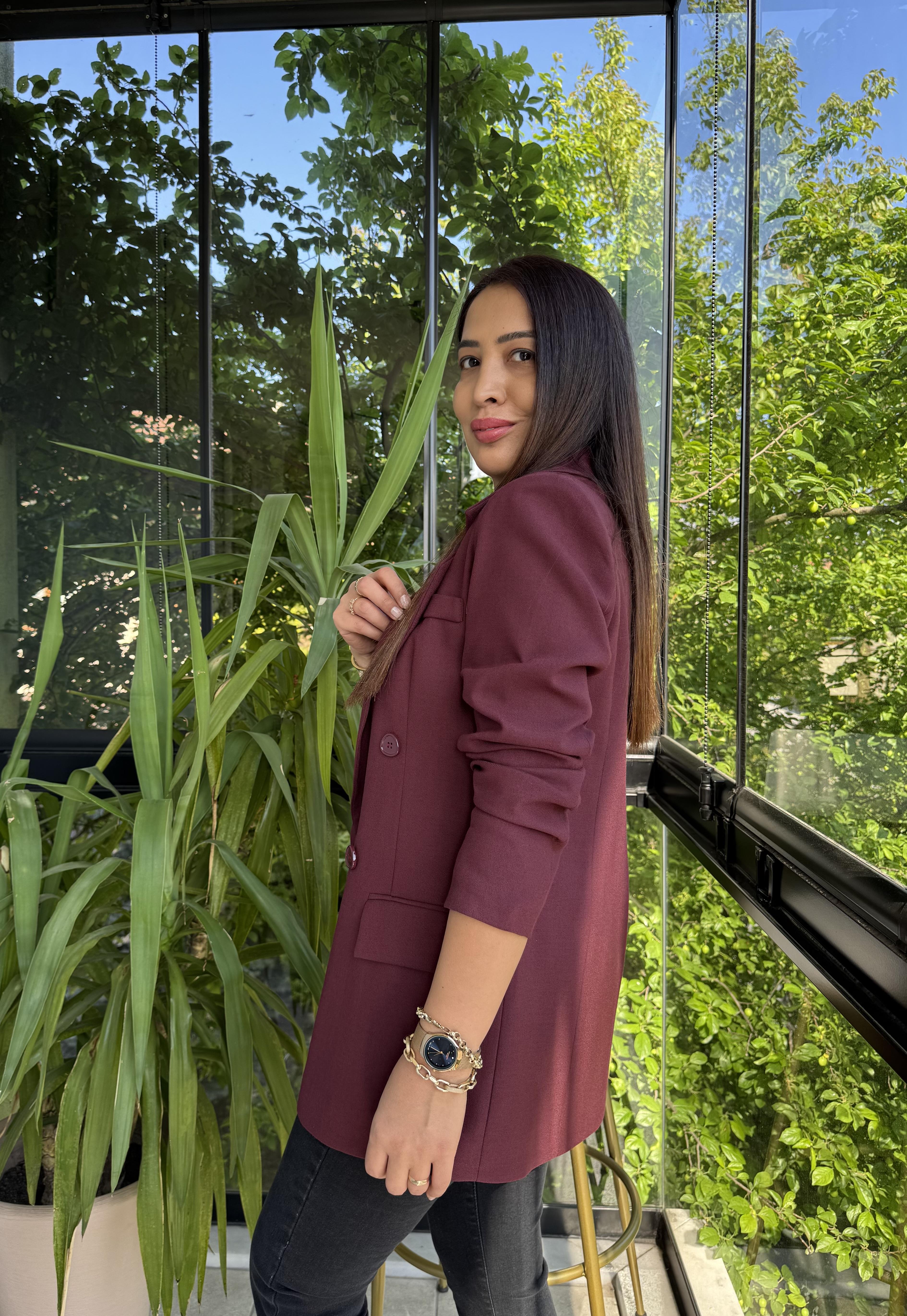 Poliviskon Kumaş Slimfit Blazer Ceket  Mürdüm