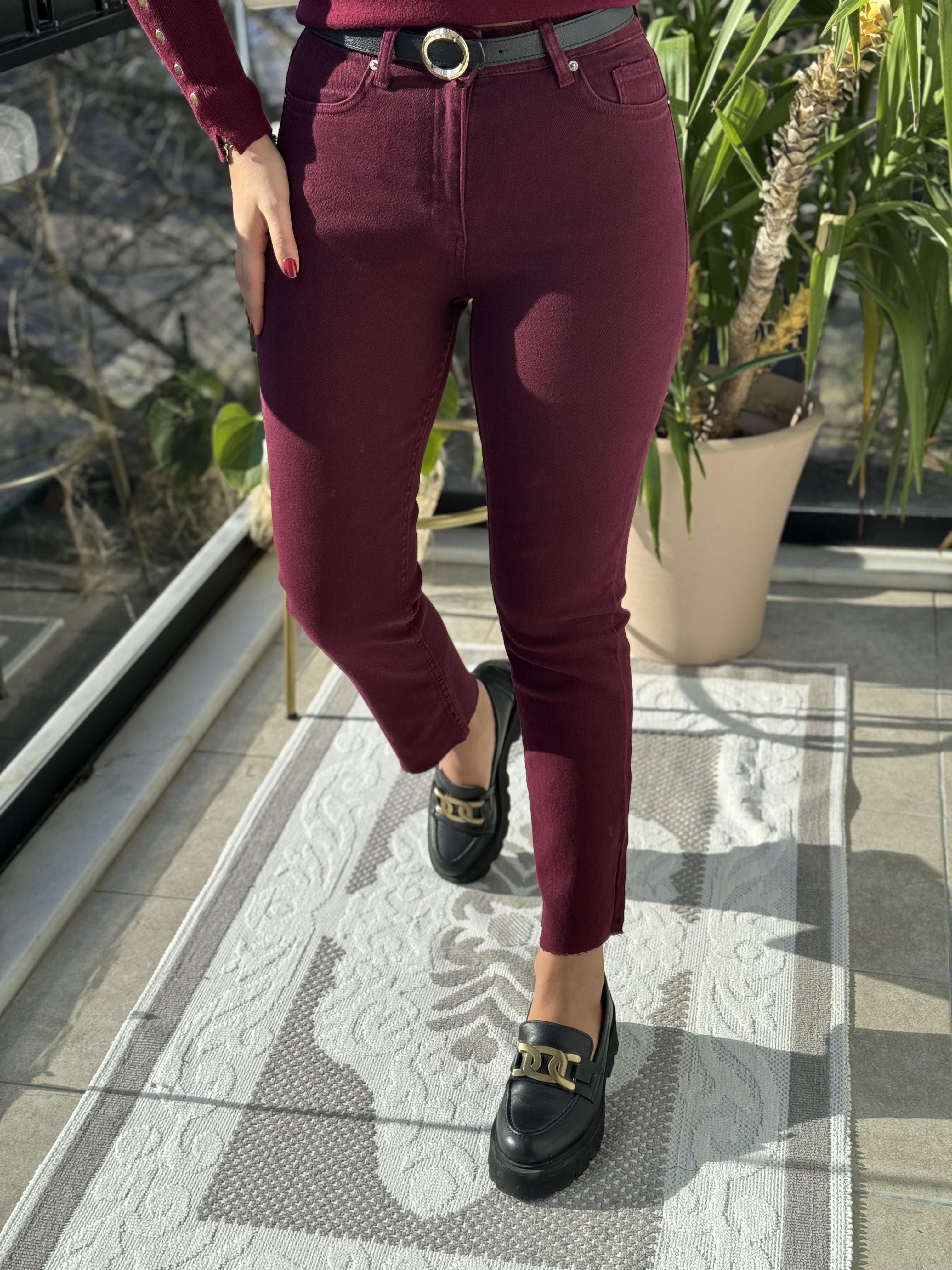 Premium Kalite Kesik Paça Jean Bordo