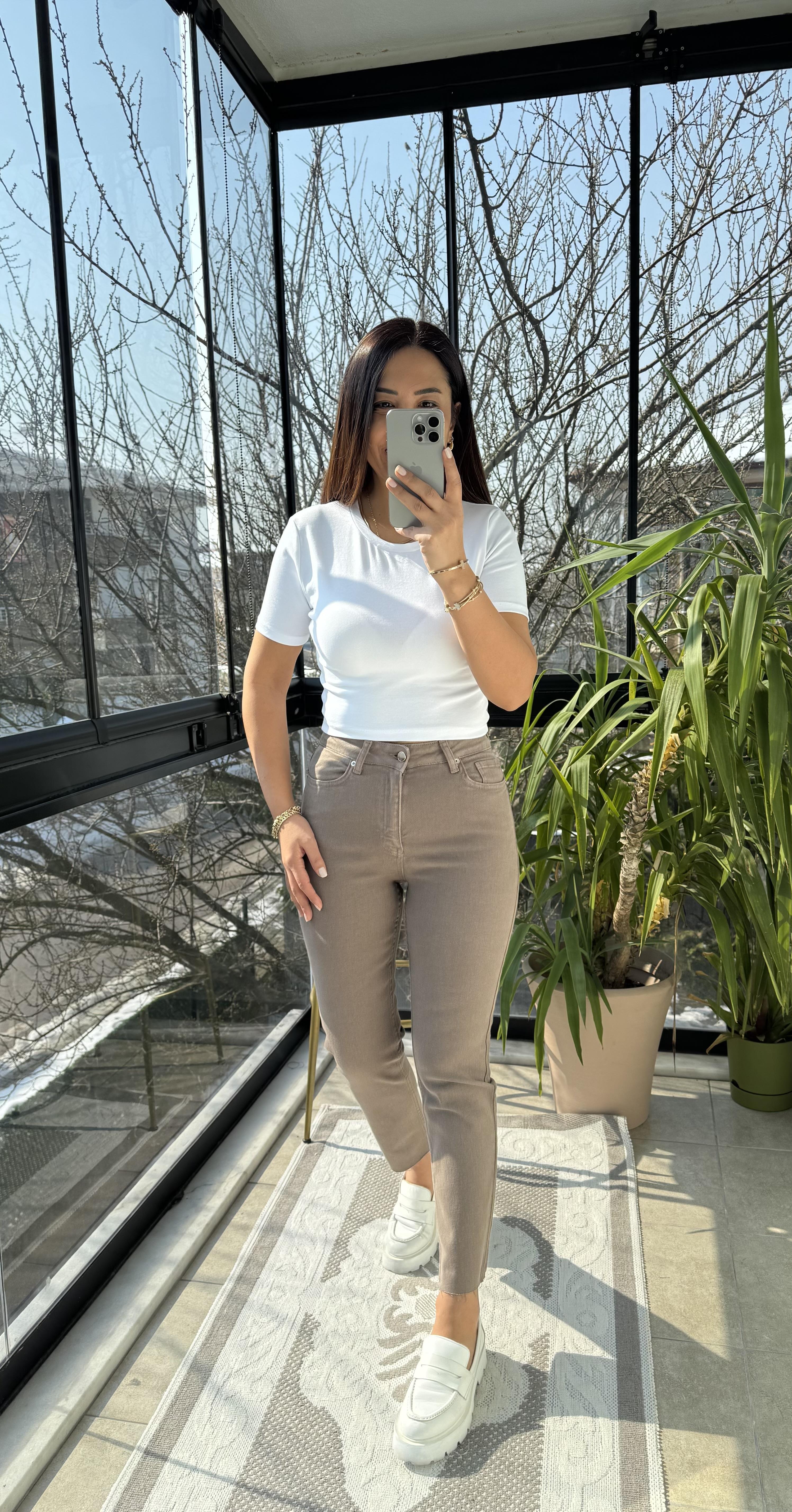 Premium Kalite Kesik Paça Jean Vizon (Toprak)