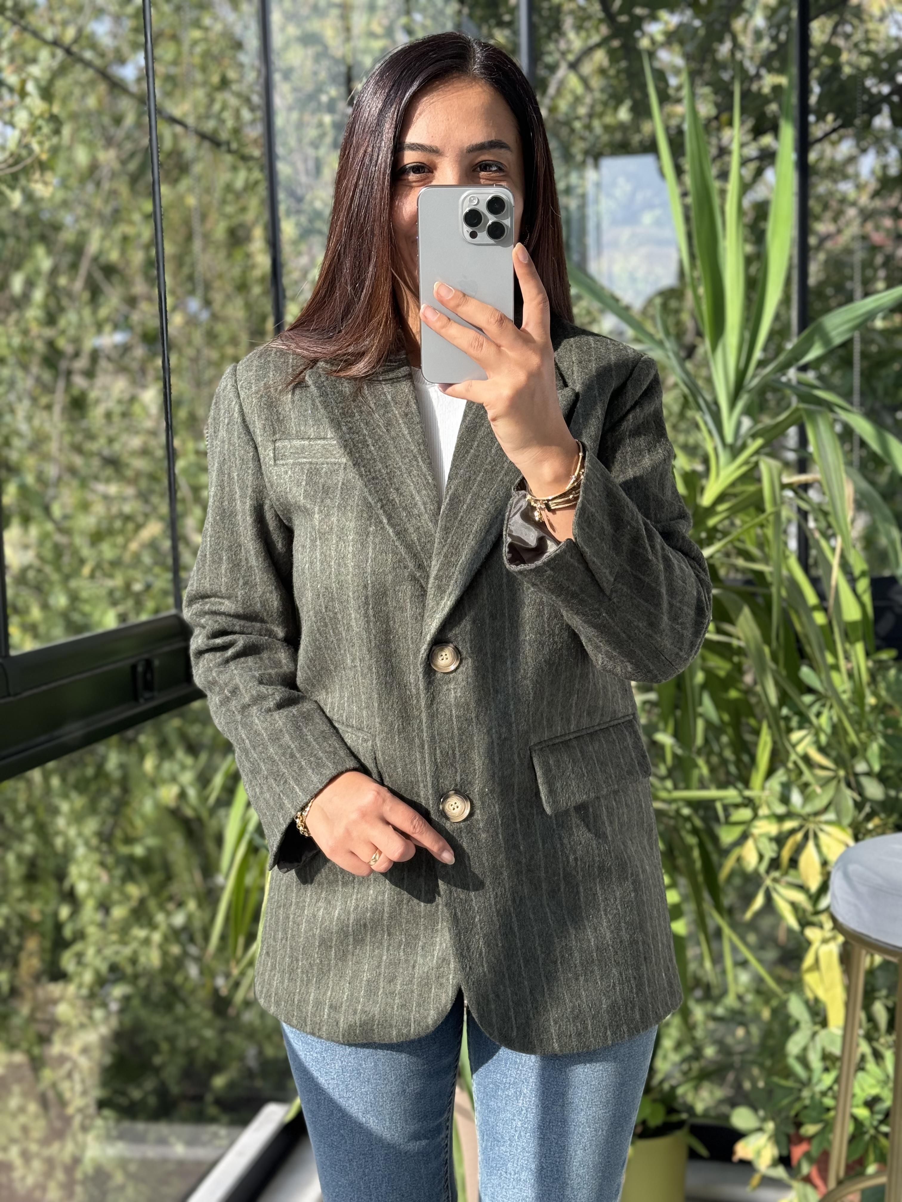 Retro Çizgili Kaşe Ceket Haki Yeşili