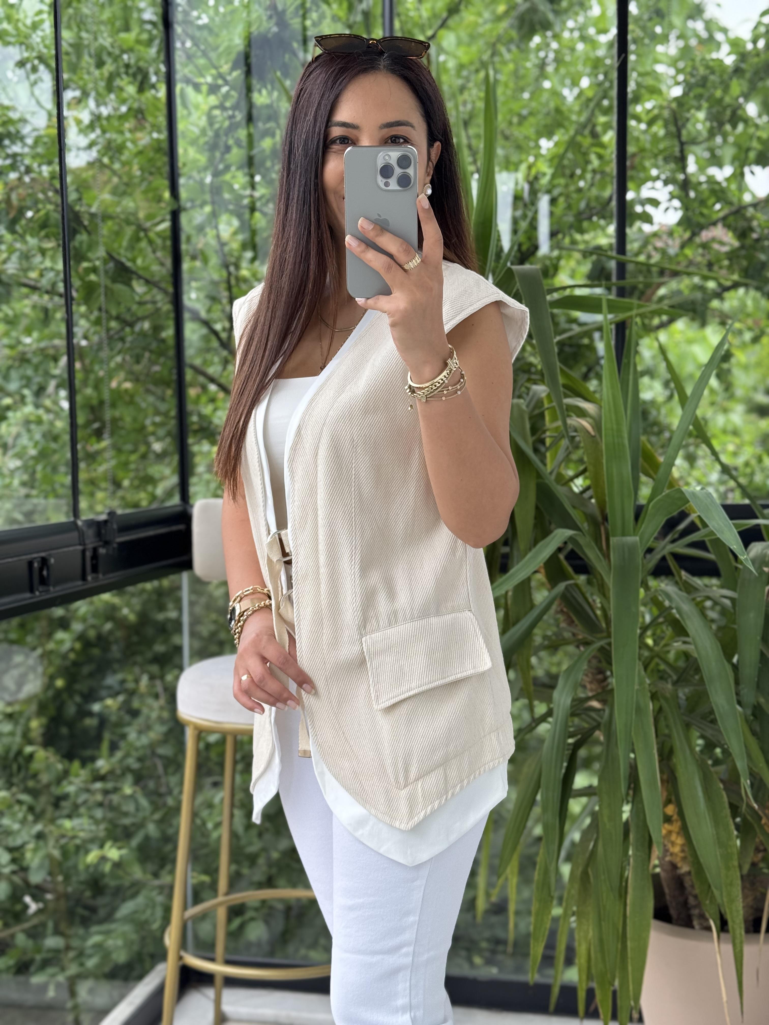 Rozafin Garnili Yelek Krem