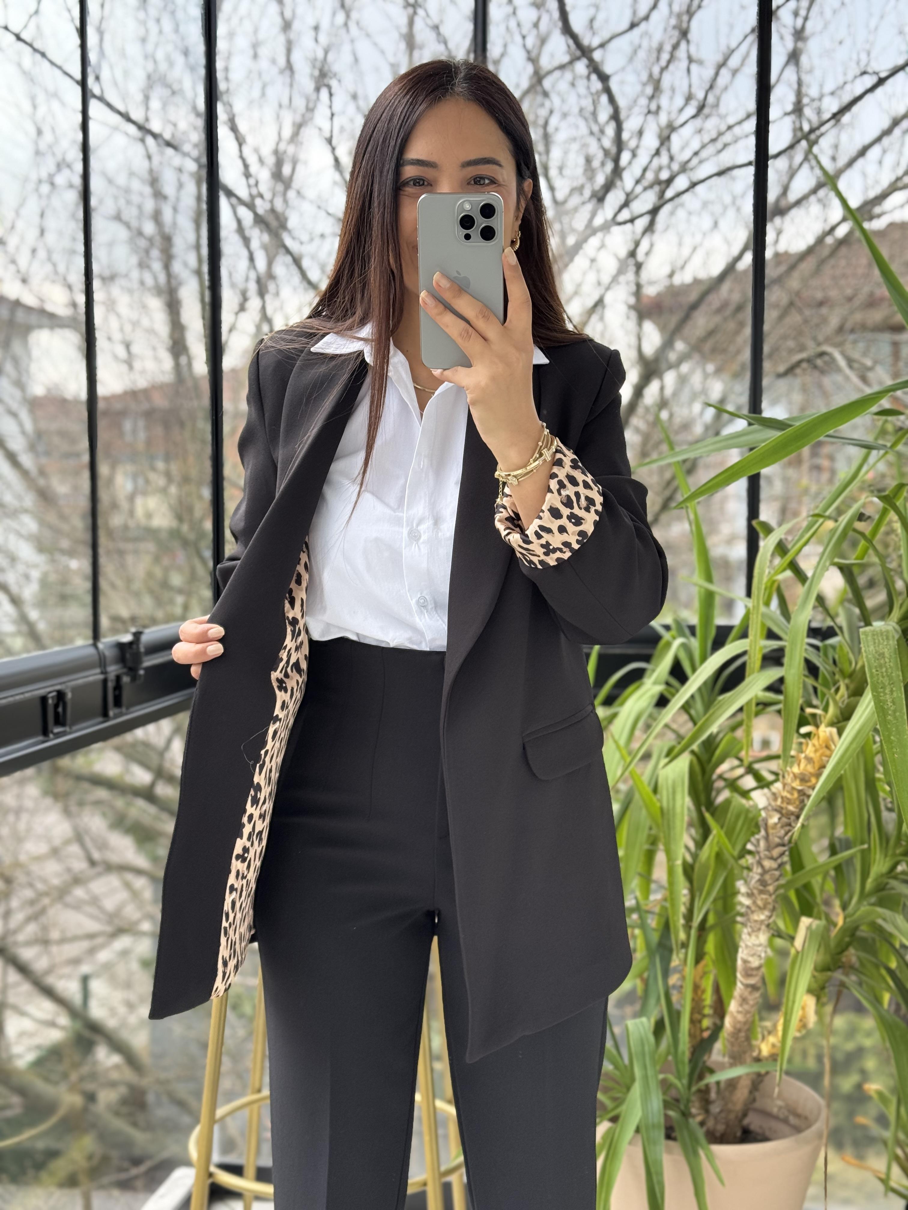 Şal Yaka İçi Leopar Blazer Ceket Siyah