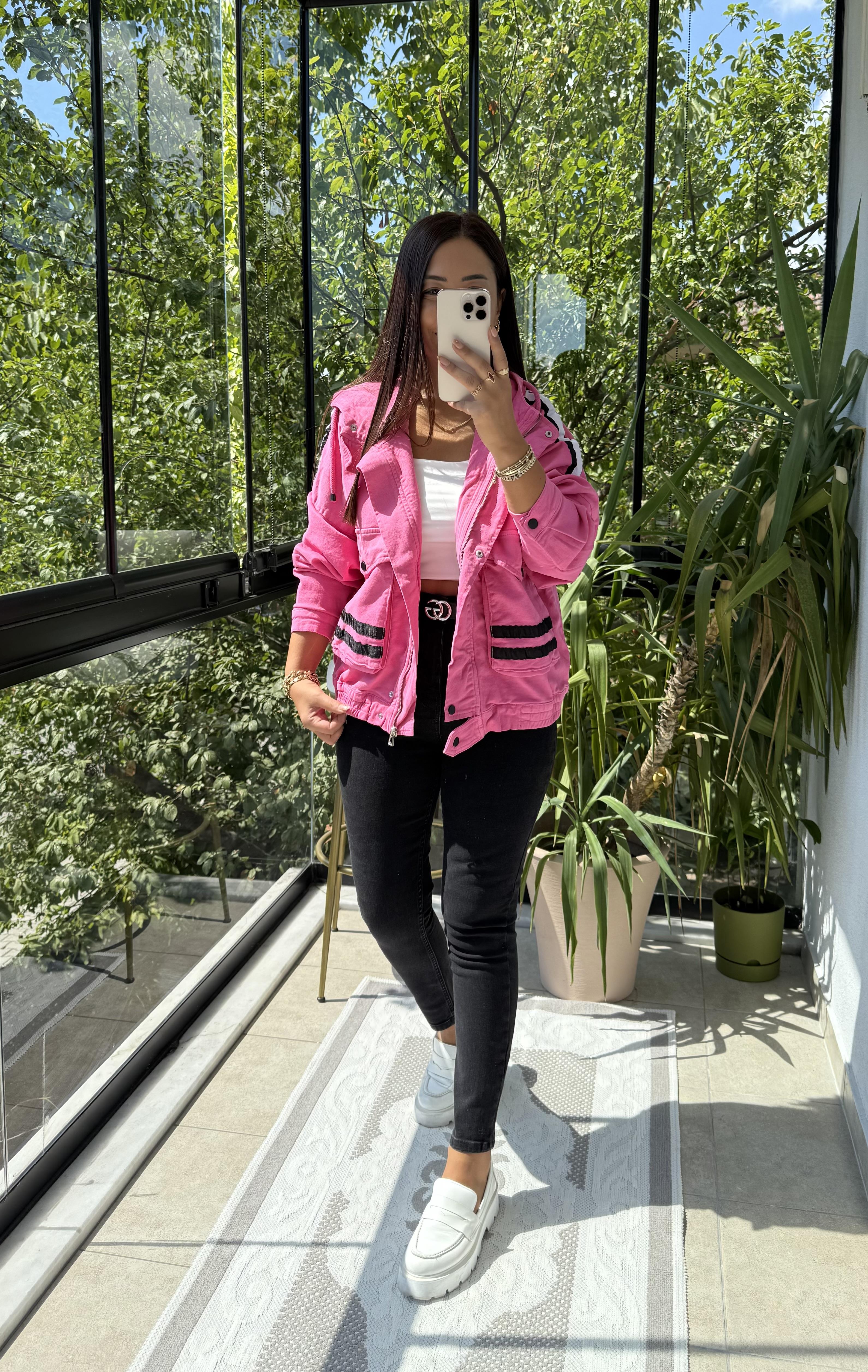 Şeritli Gabardin Ceket Pembe