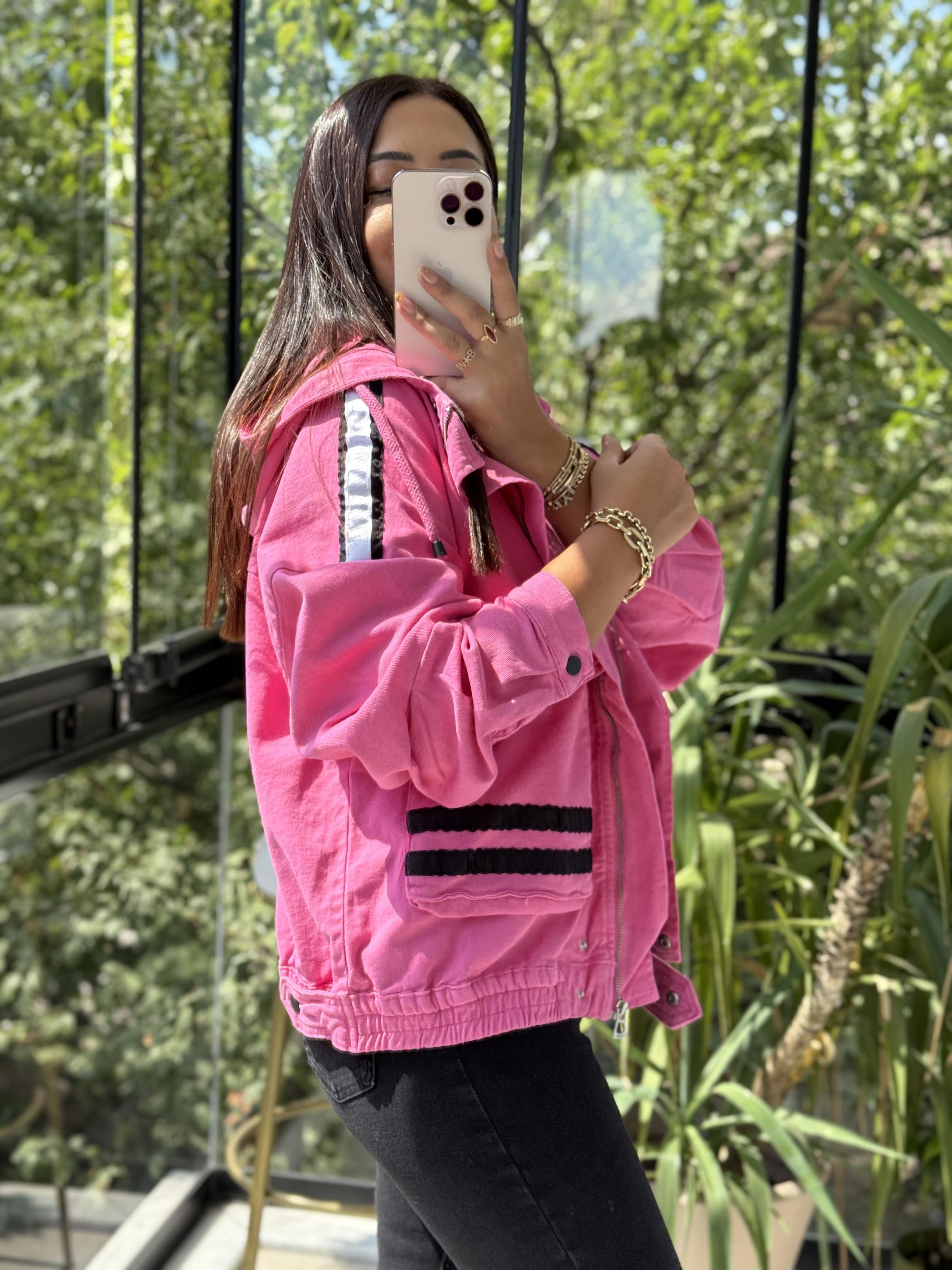 Şeritli Gabardin Ceket Pembe