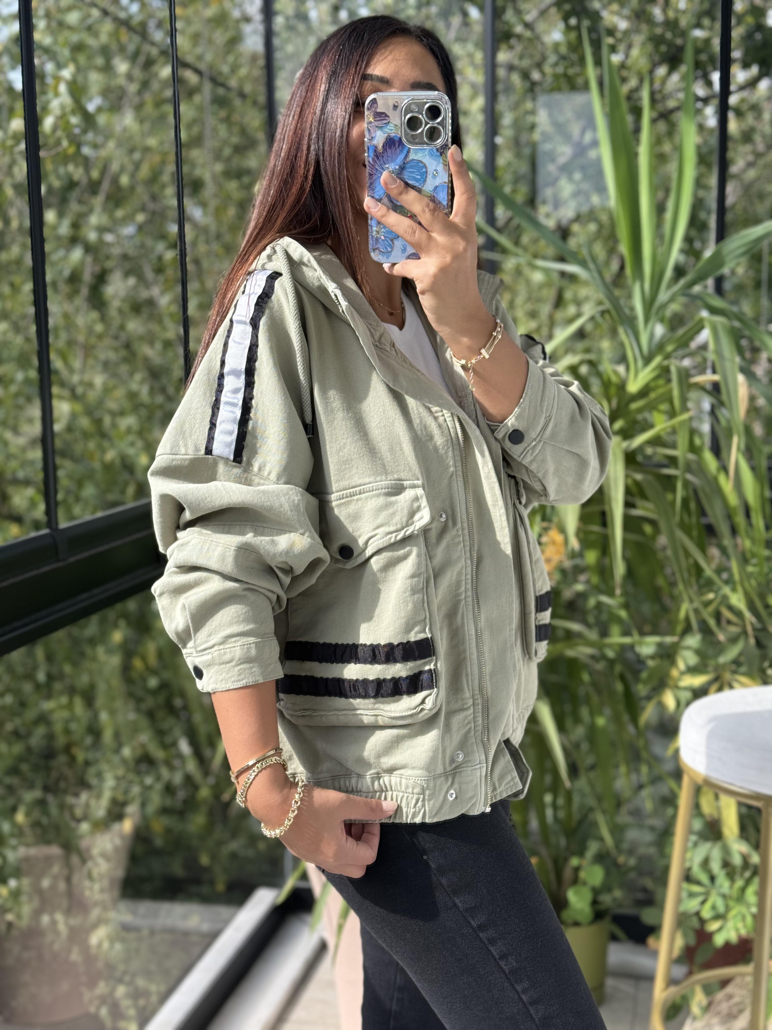 Şeritli Gabardin Ceket Yeşil