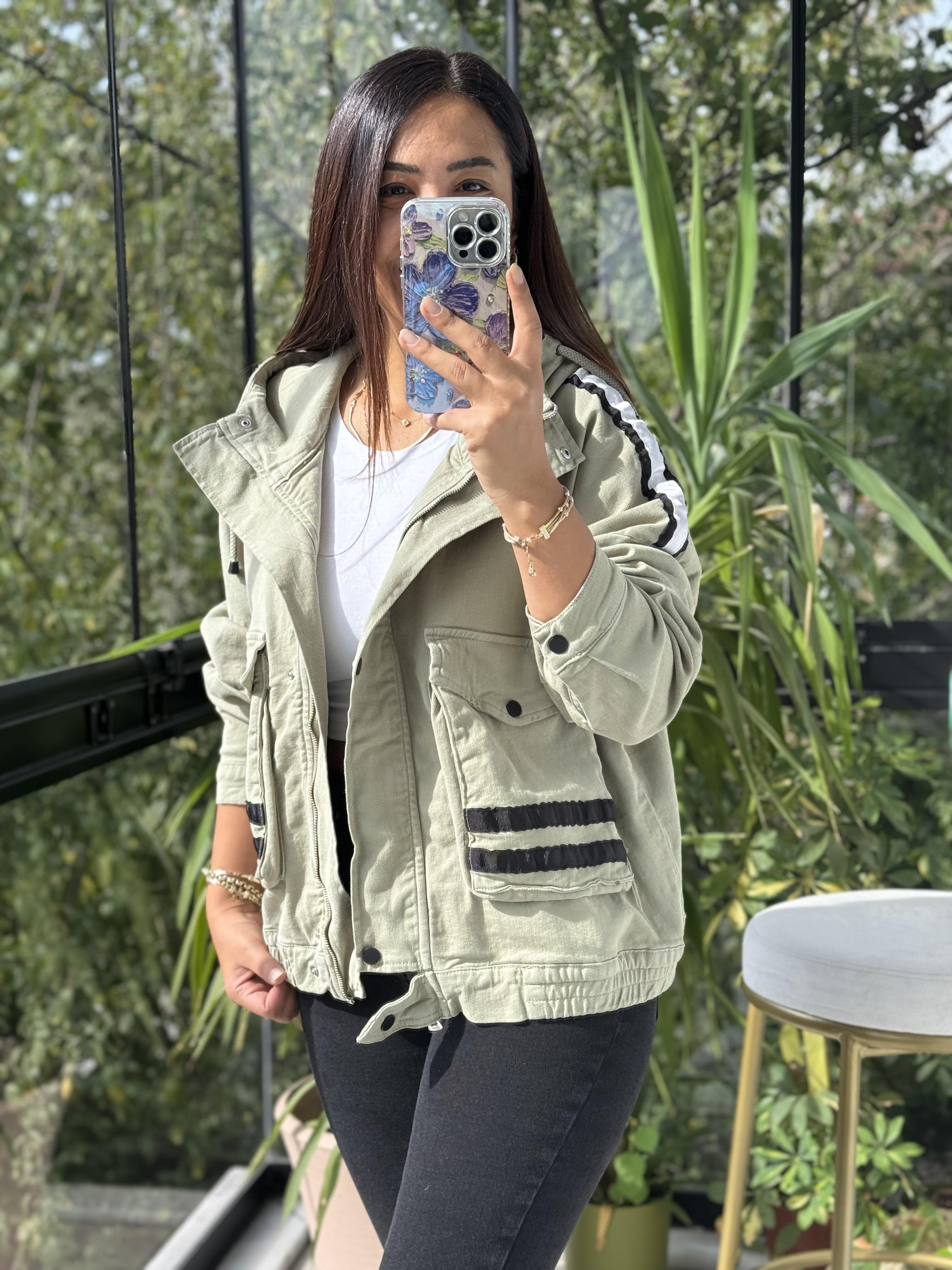 Şeritli Gabardin Ceket Yeşil