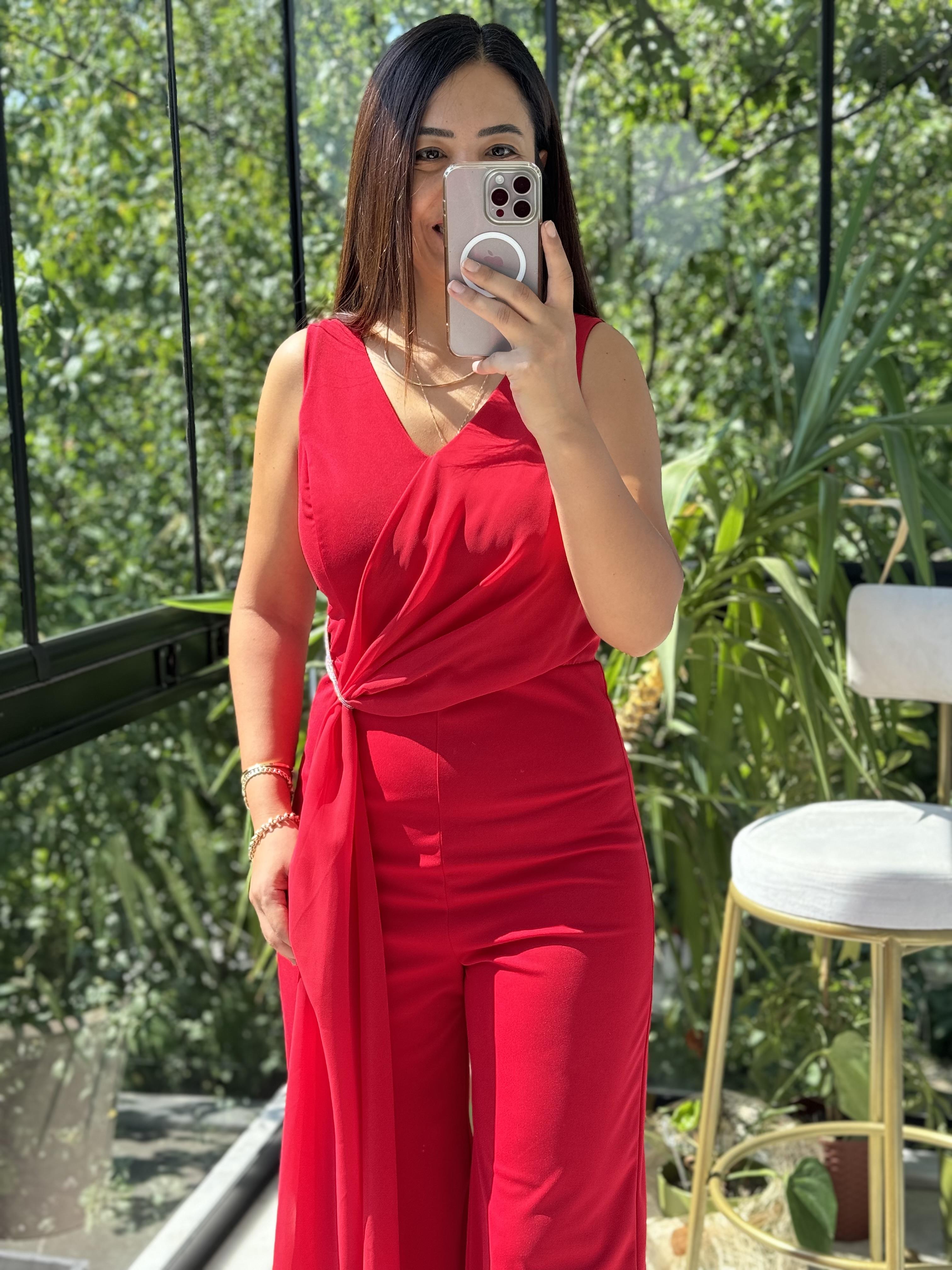 Şifonlu Kolsuz Tulum Kırmızı