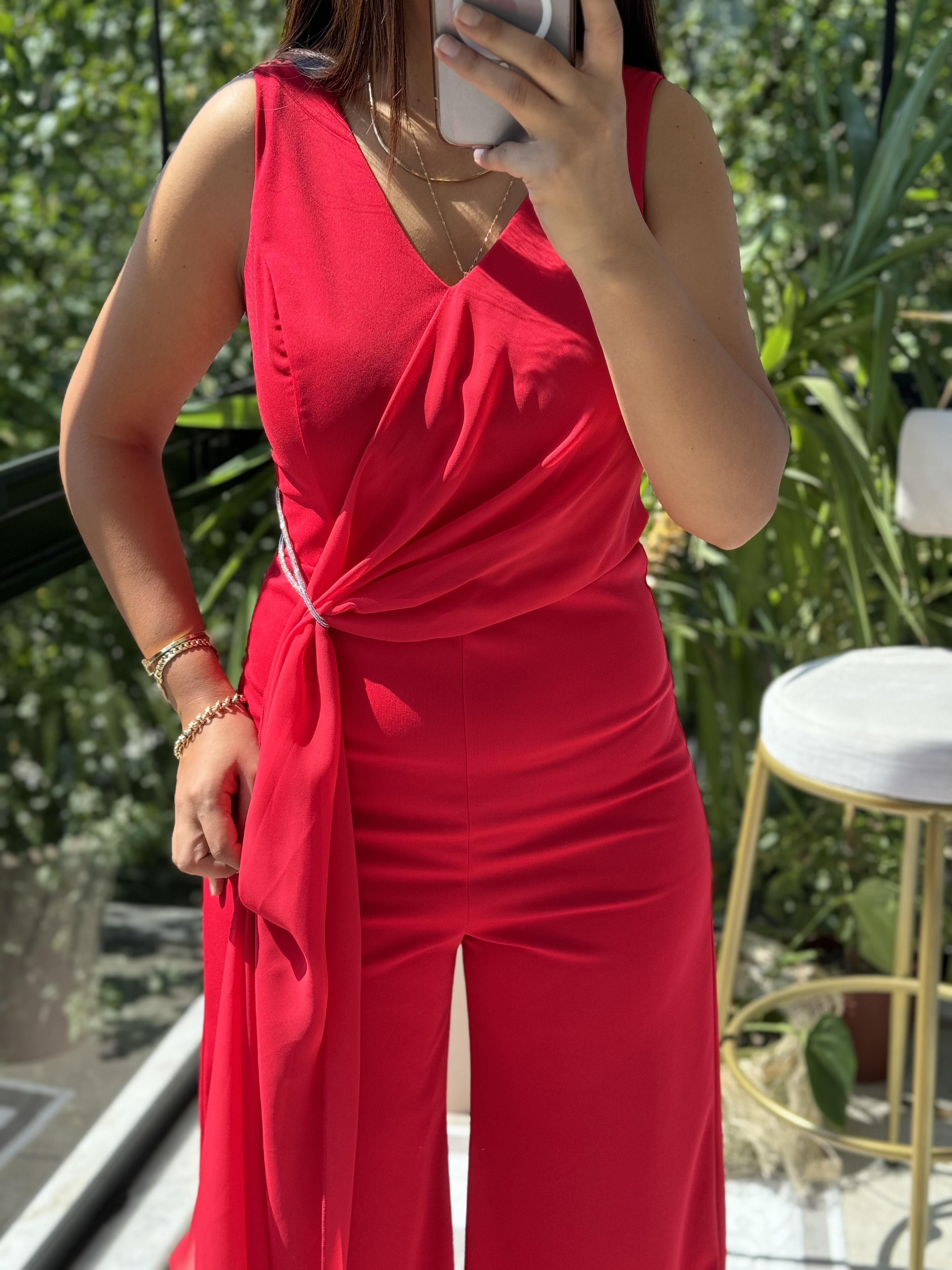 Şifonlu Kolsuz Tulum Kırmızı