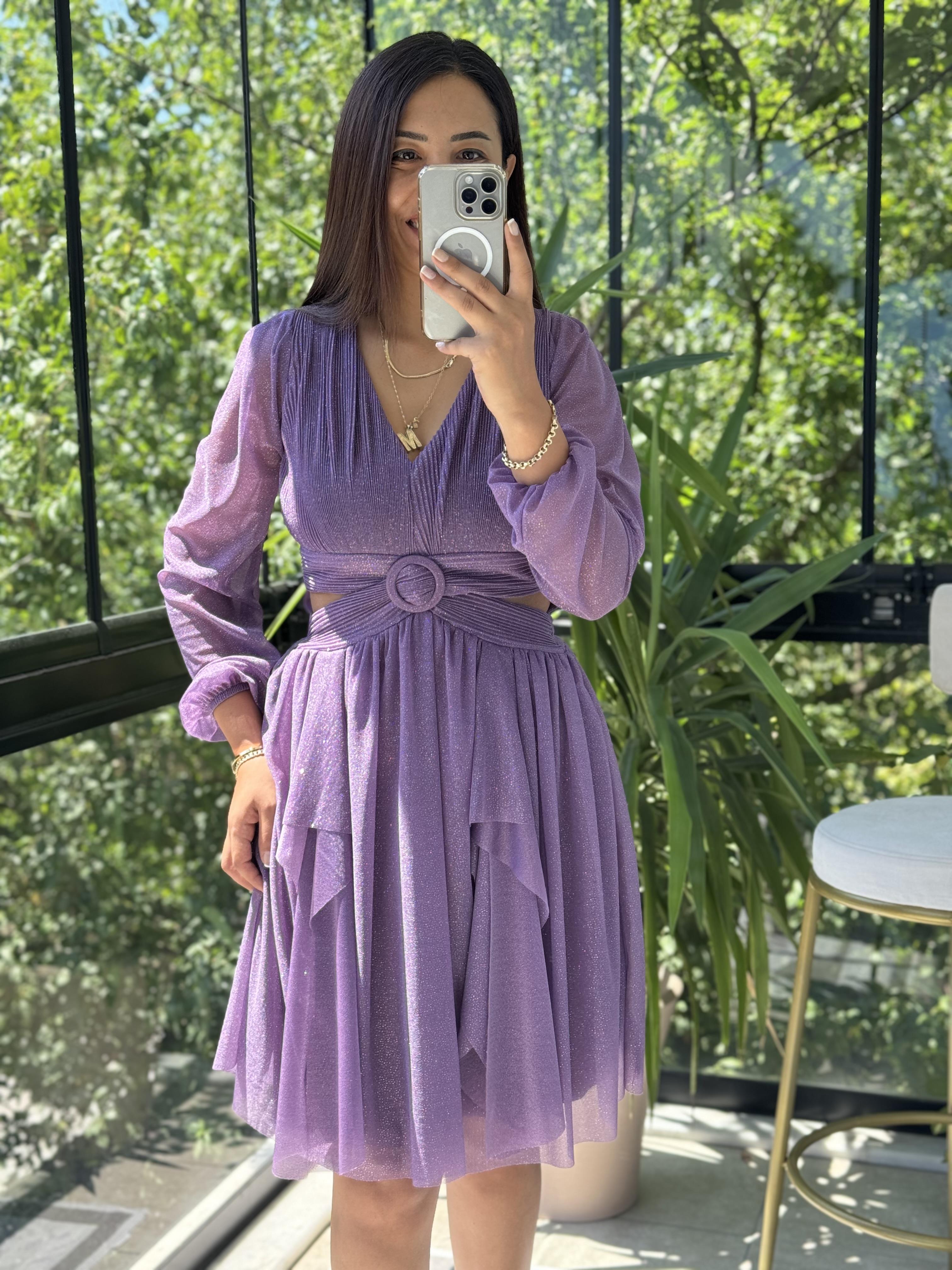 Sırt Detay Bel Tokalı Simli Tül Abiye Lila