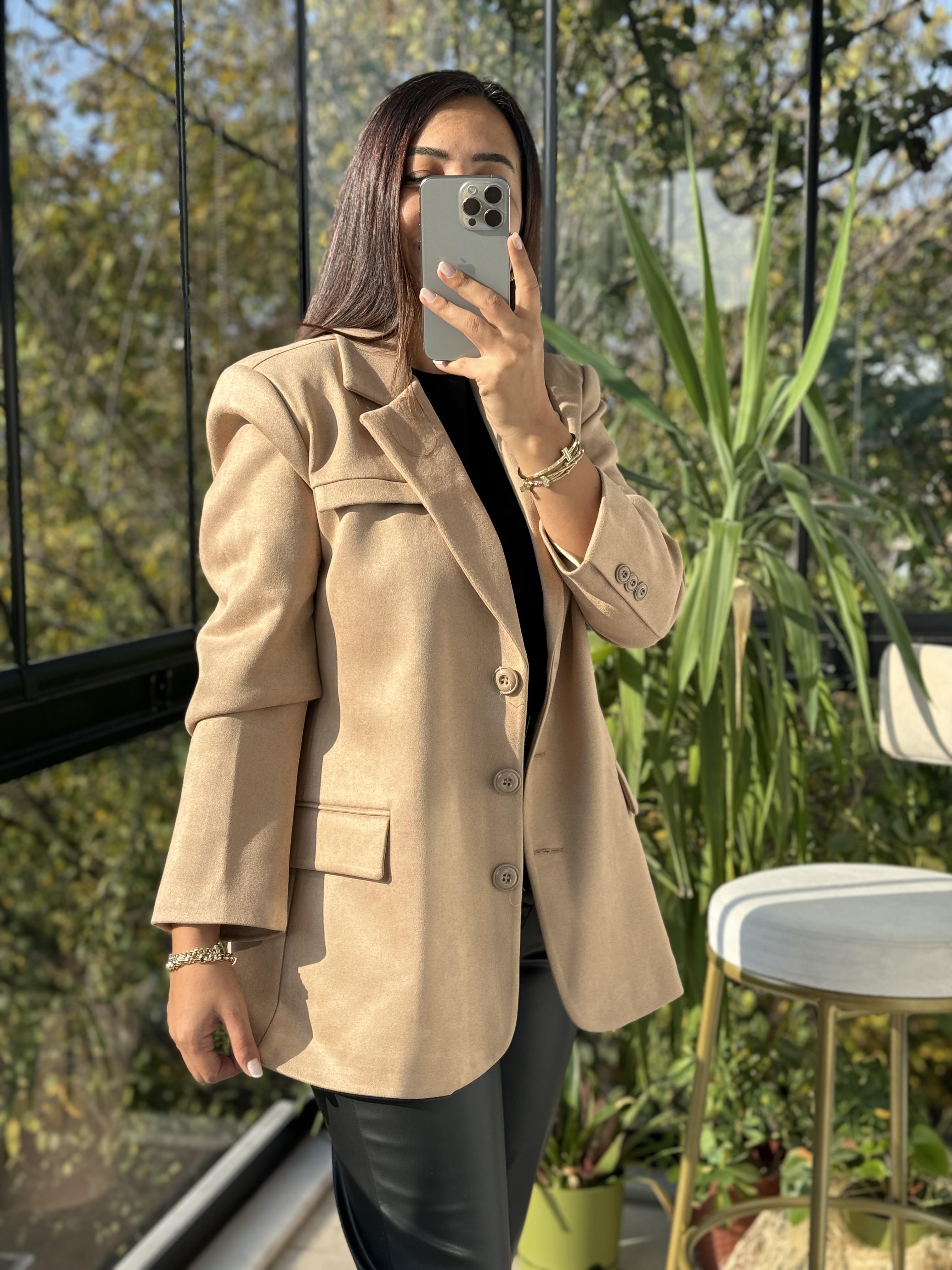 Süet 3 Düğme Blazer Ceket Bisküvü Kahvesi