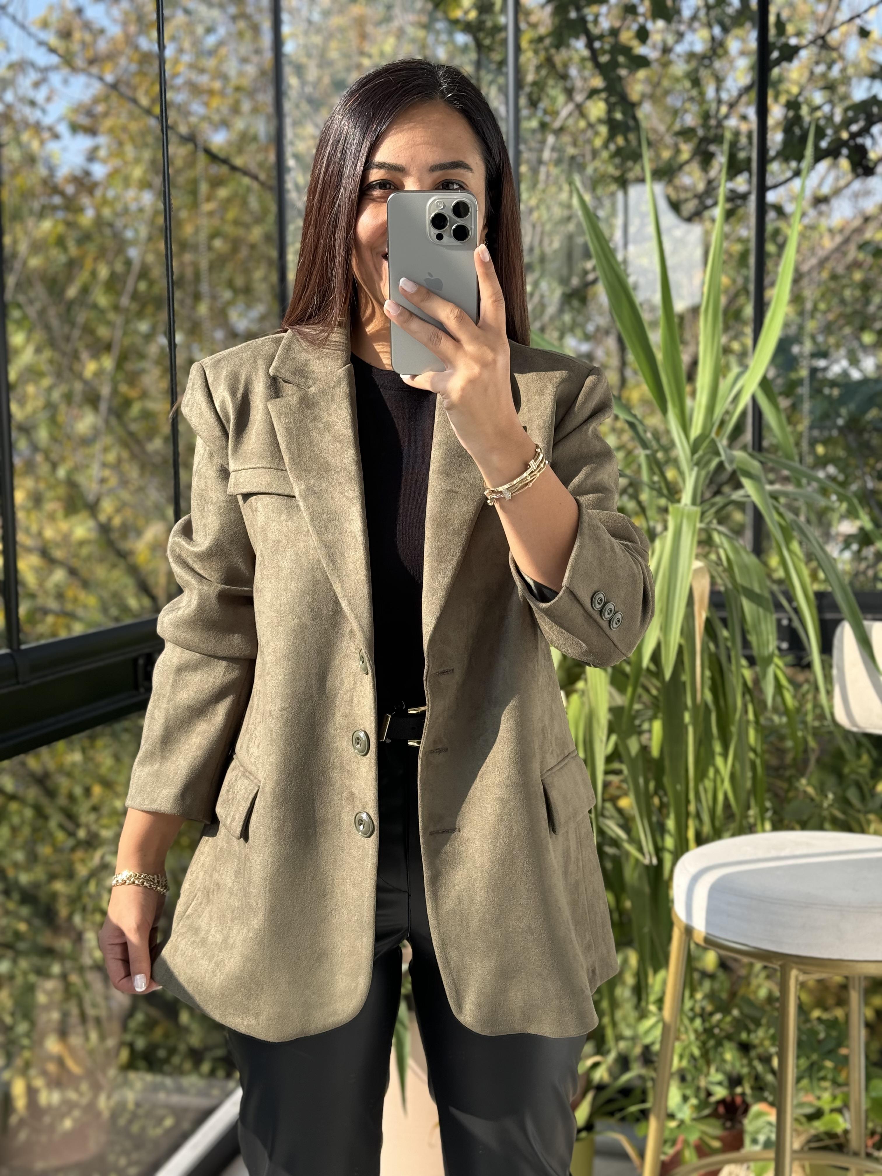 Süet 3 Düğme Blazer Ceket Yeşil