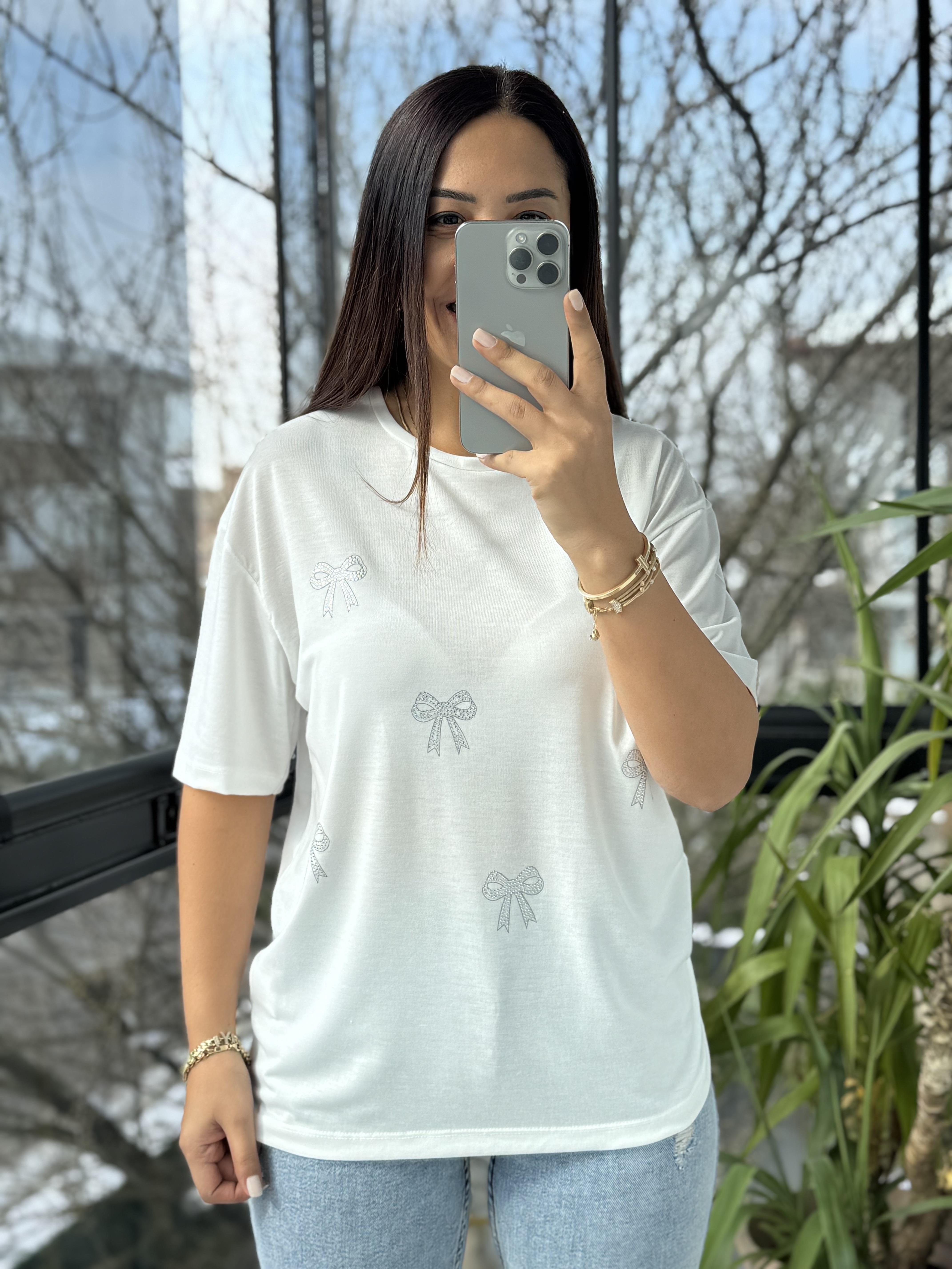 Taş Kurdeleli Tişört Ekru
