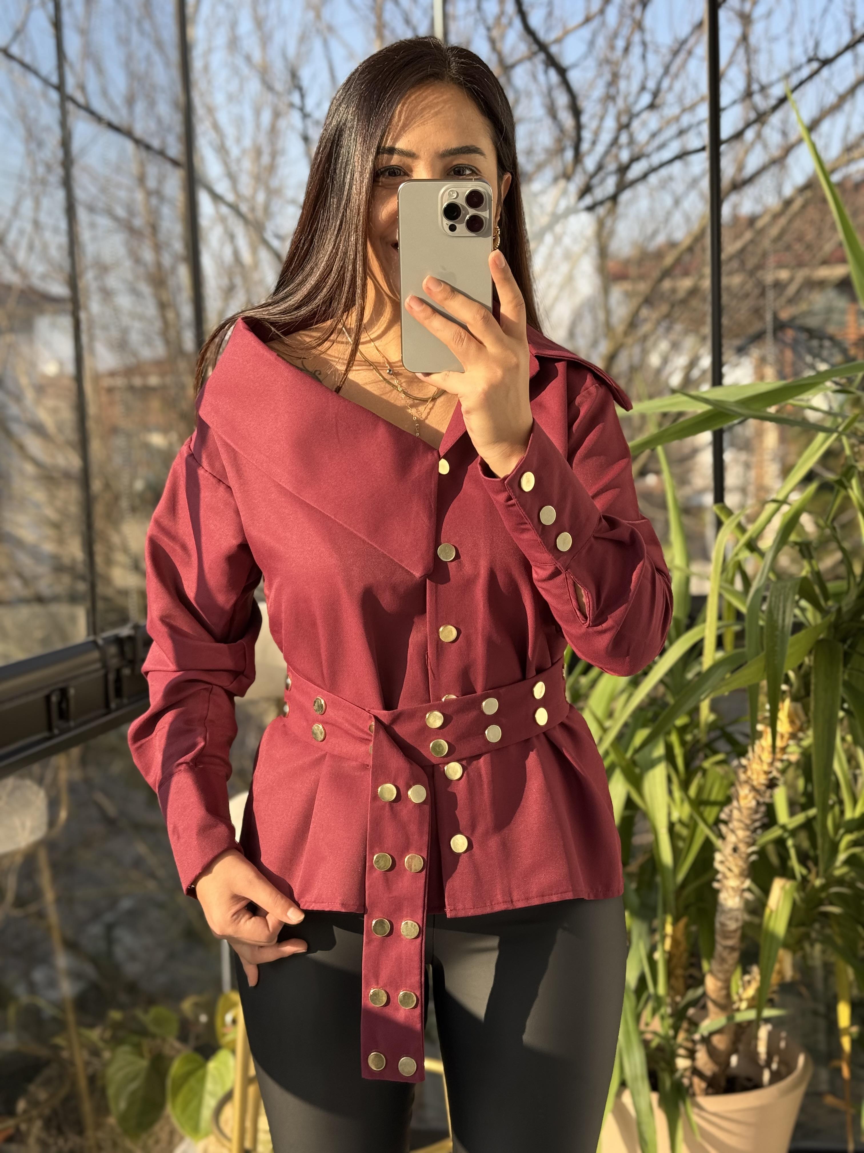 Tasarım Yaka Detaylı Gömlek Bordo