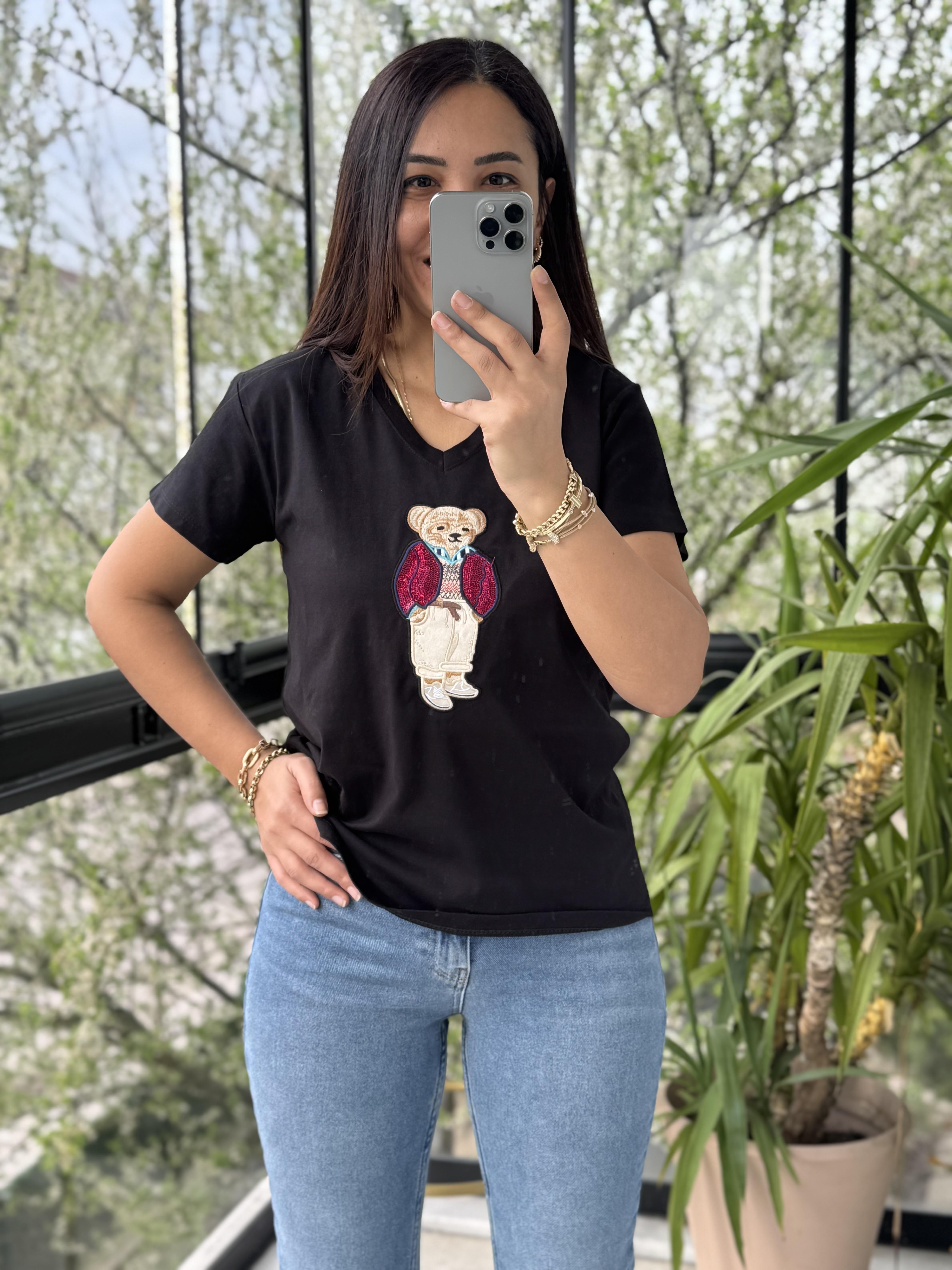 Teddy Nakışlı Tişört Siyah