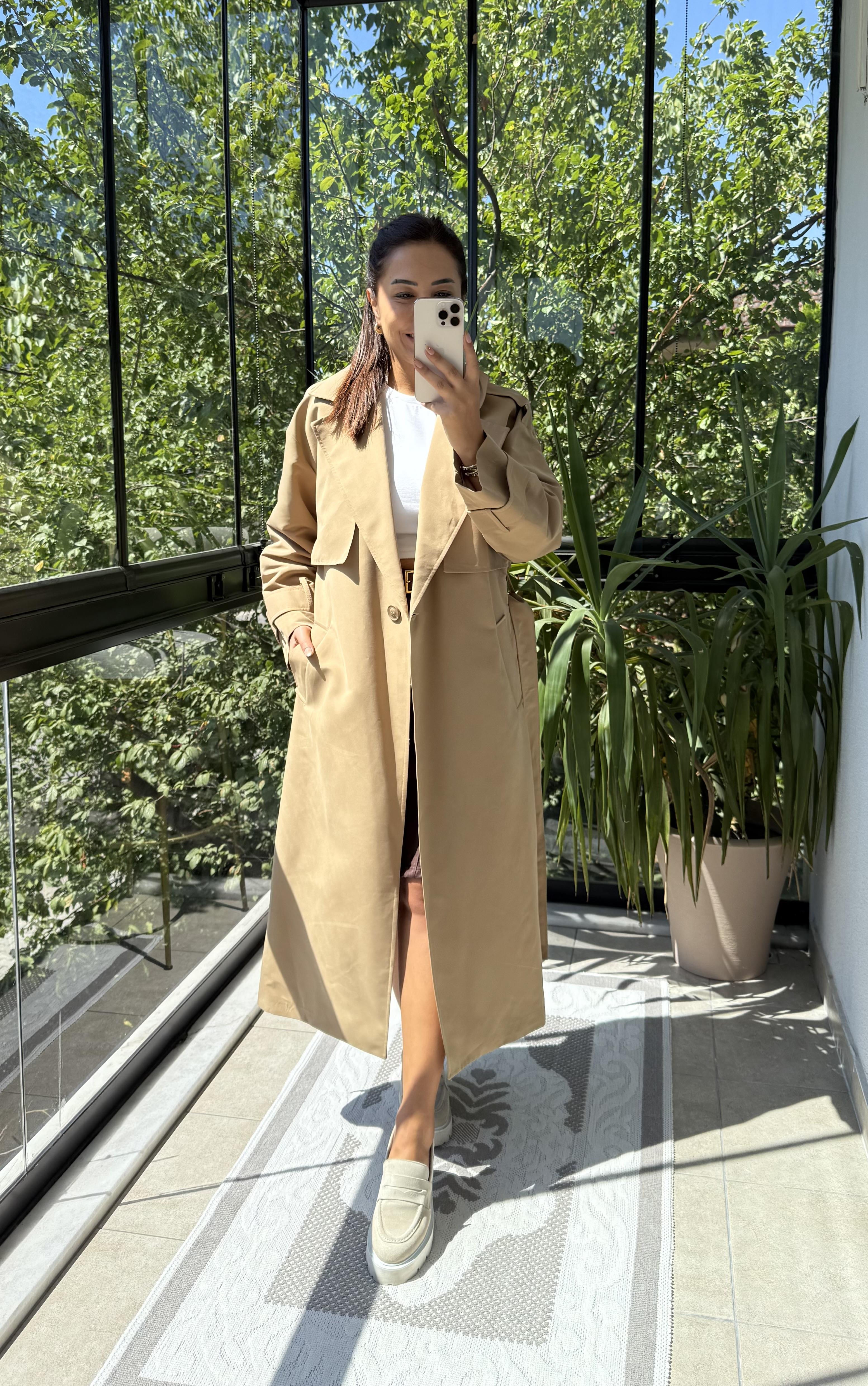 Tek Düğme Kuşaklı Uzun Trenç Camel