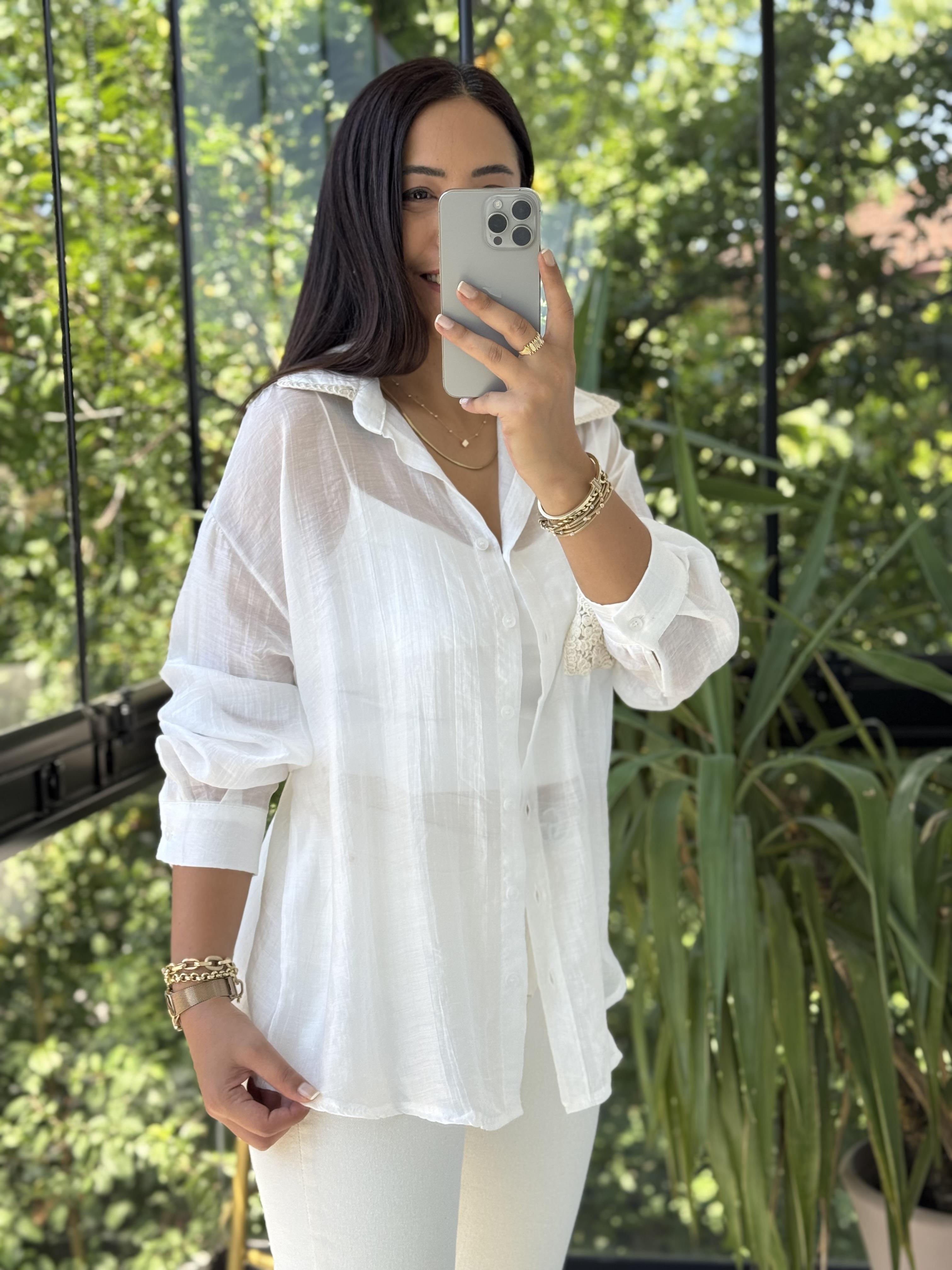 Tensel Cepli Nakış Detaylı Gömlek Beyaz