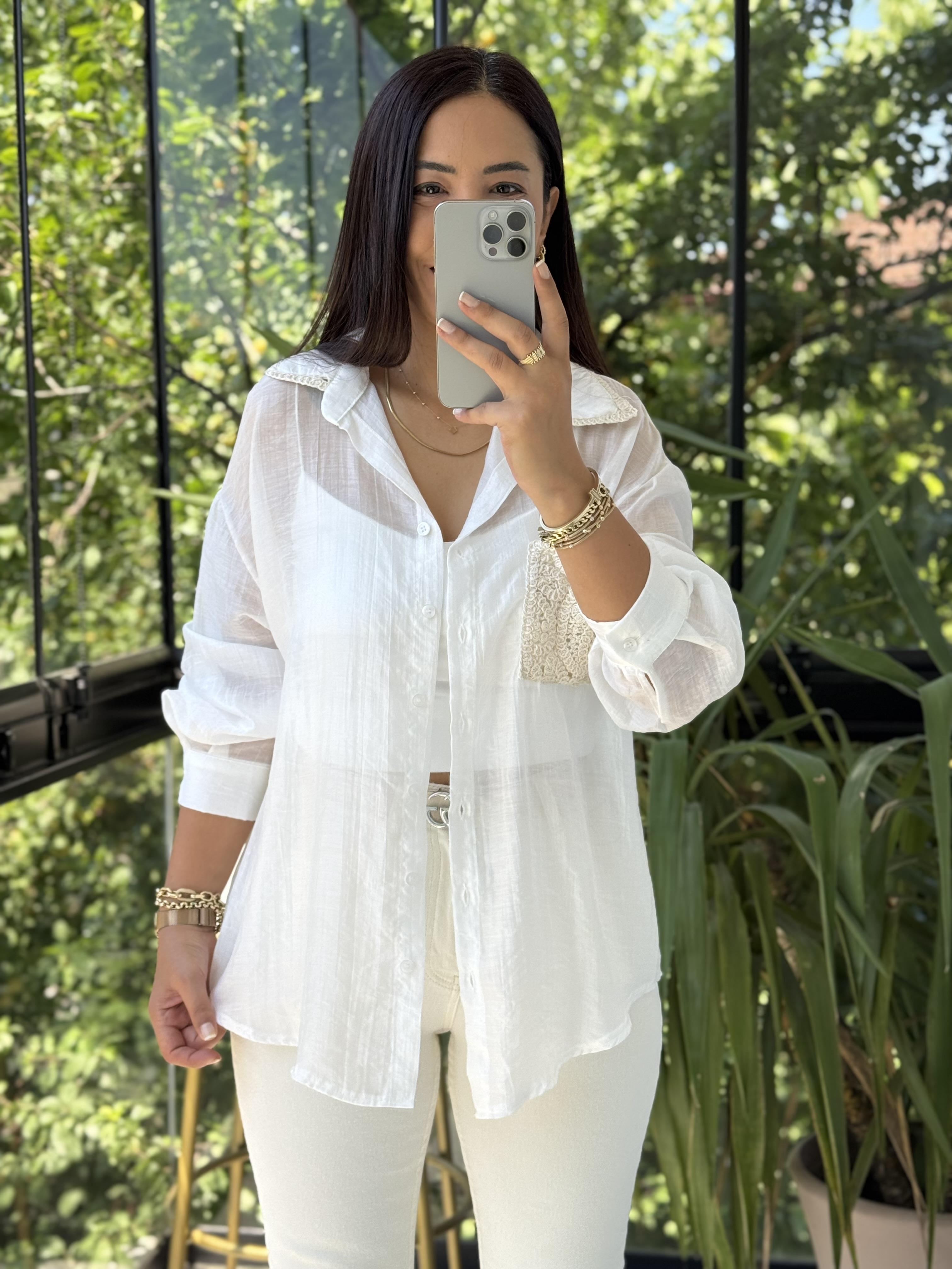 Tensel Cepli Nakış Detaylı Gömlek Beyaz