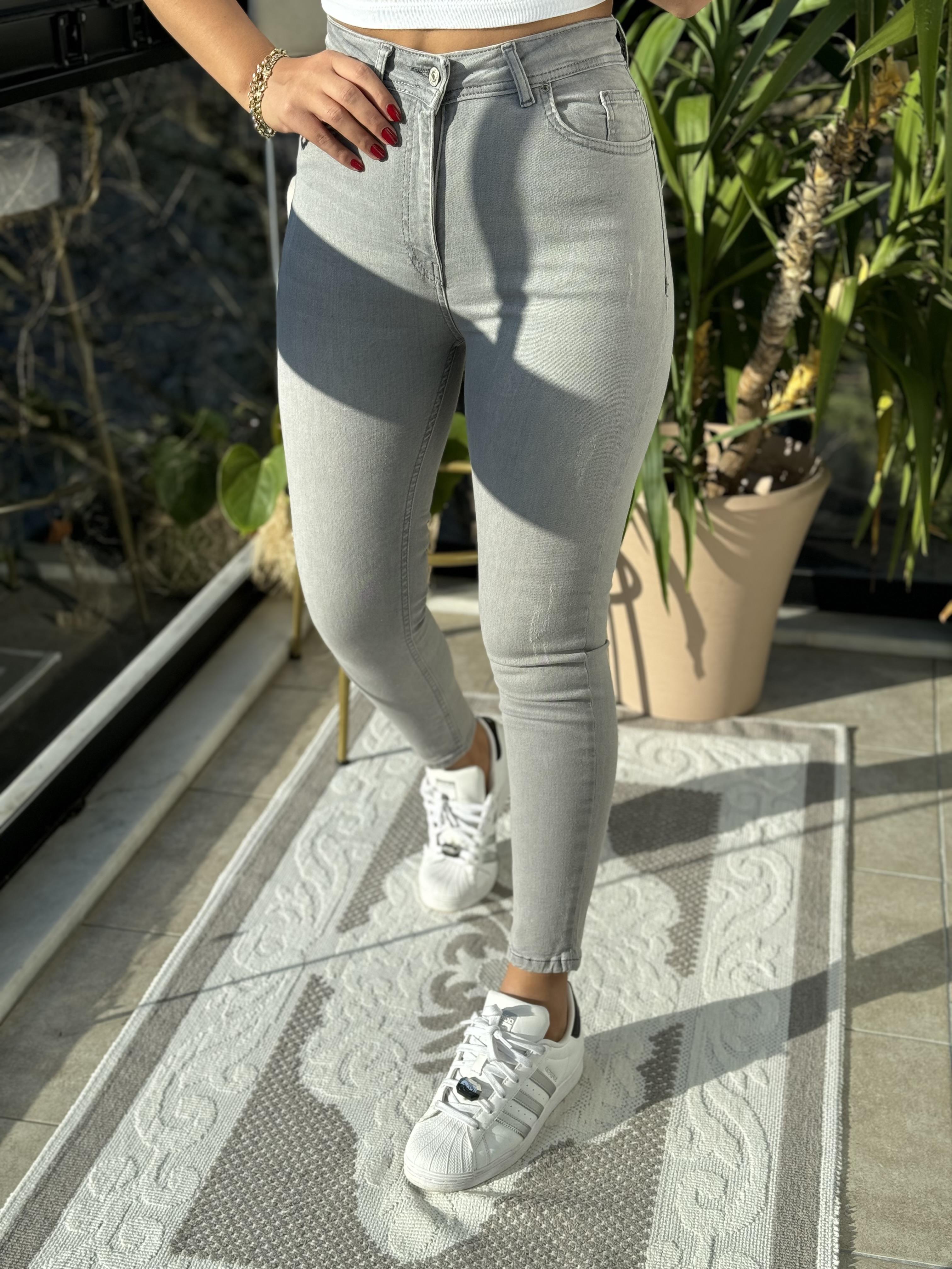 Toparlayıcı Skinny Jean Açık Gri Tırnaklı