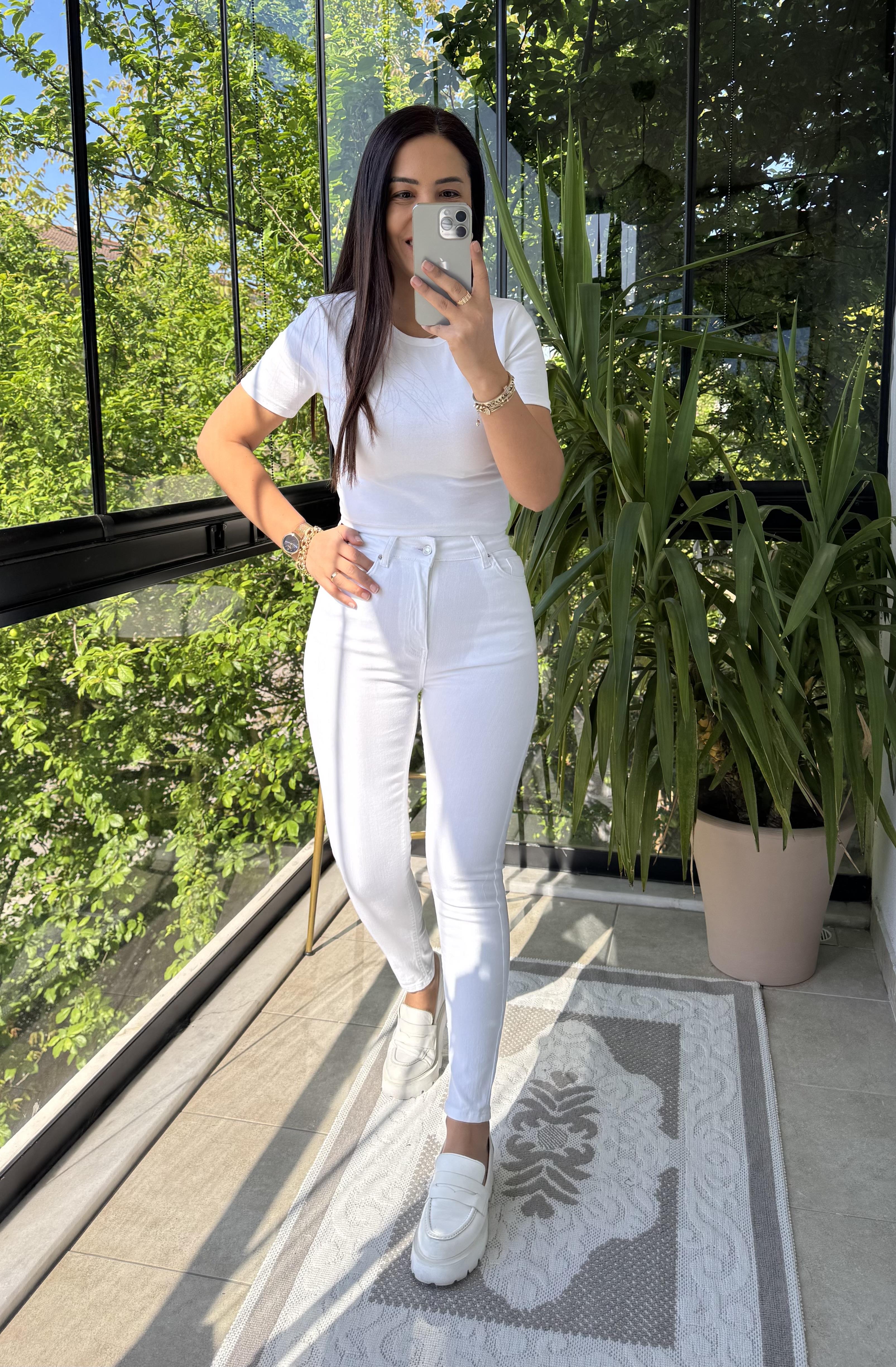 Toparlayıcı Skinny Jean Beyaz