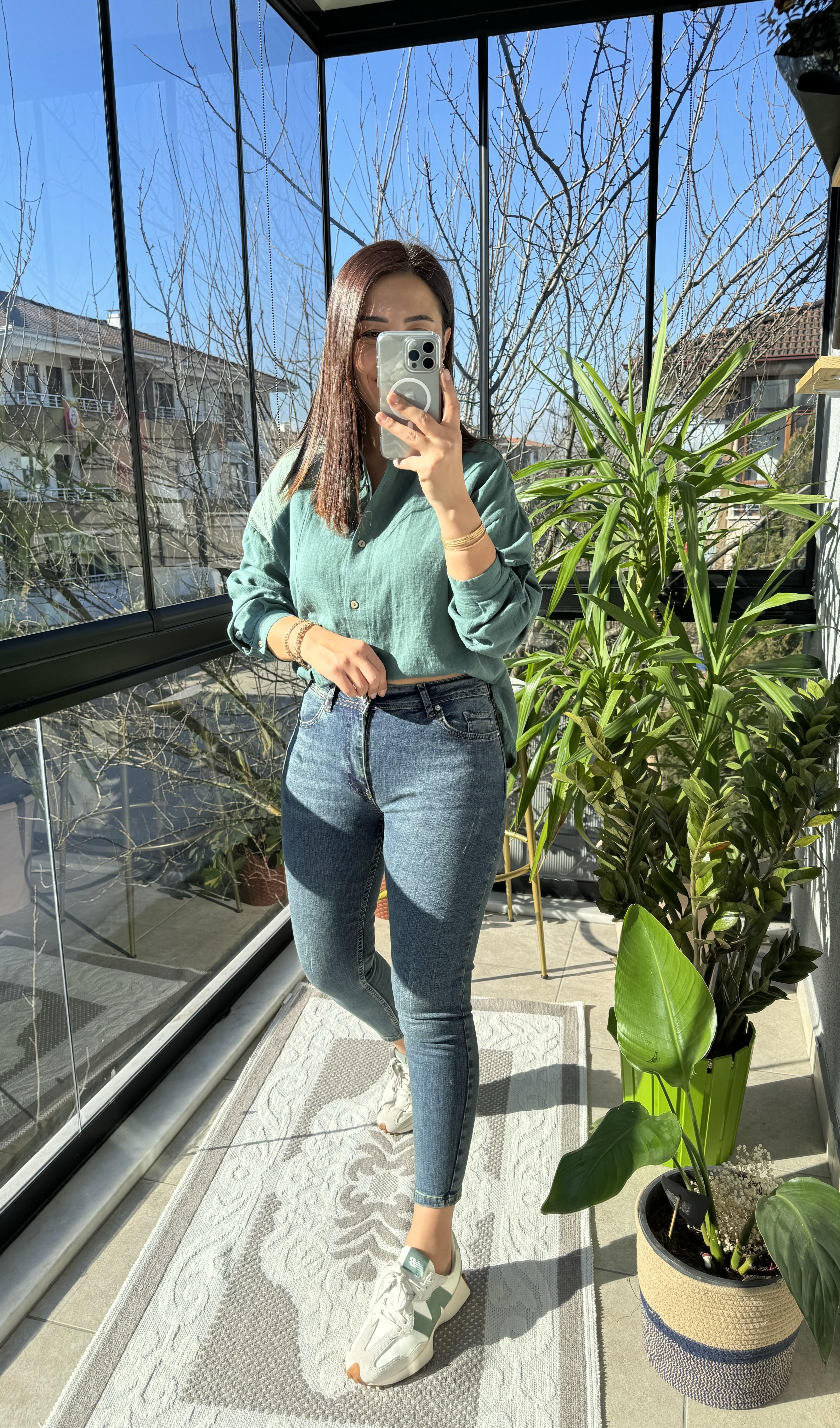 Toparlayıcı Skinny Jean Yeşil Yıkama Tırnaklı