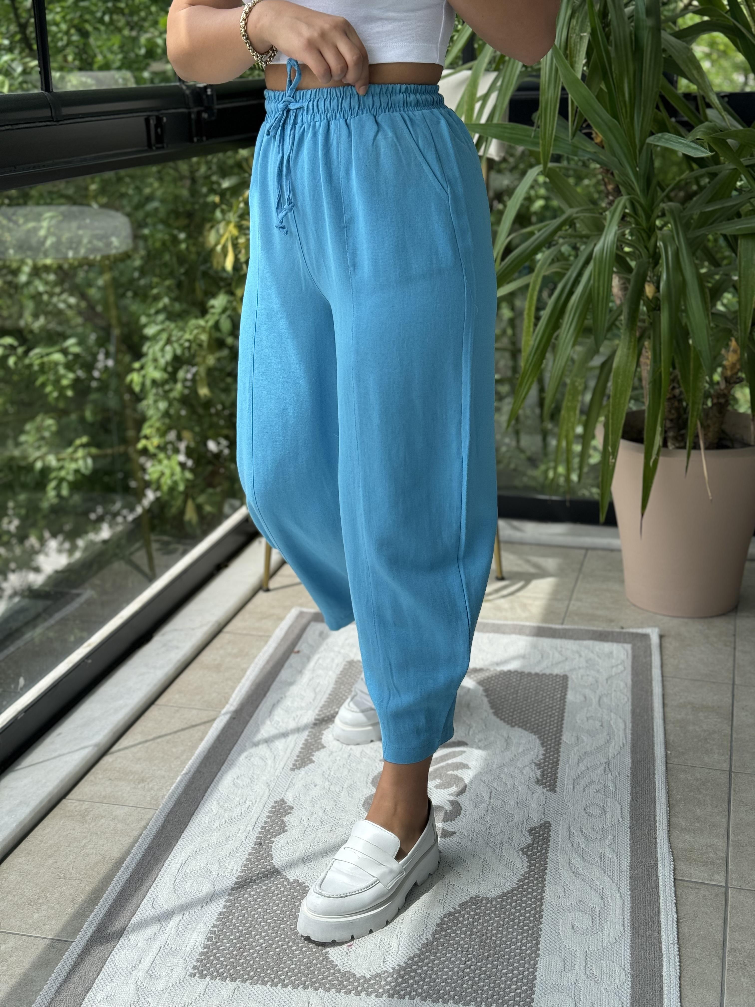 Turkuaz Şalvar Keten Pantolon