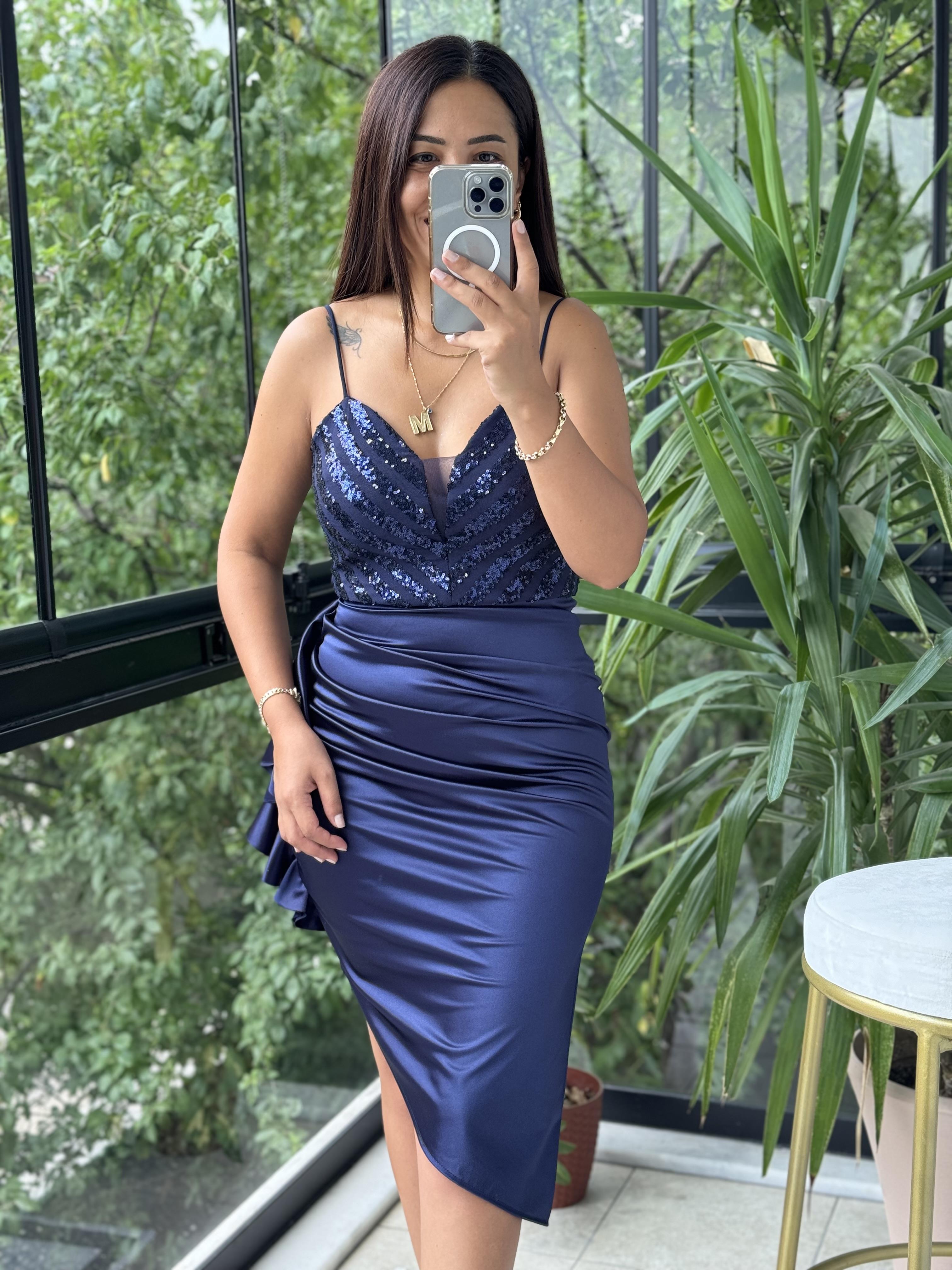 Üzeri Pullu Saten Etek Elbise Lacivert