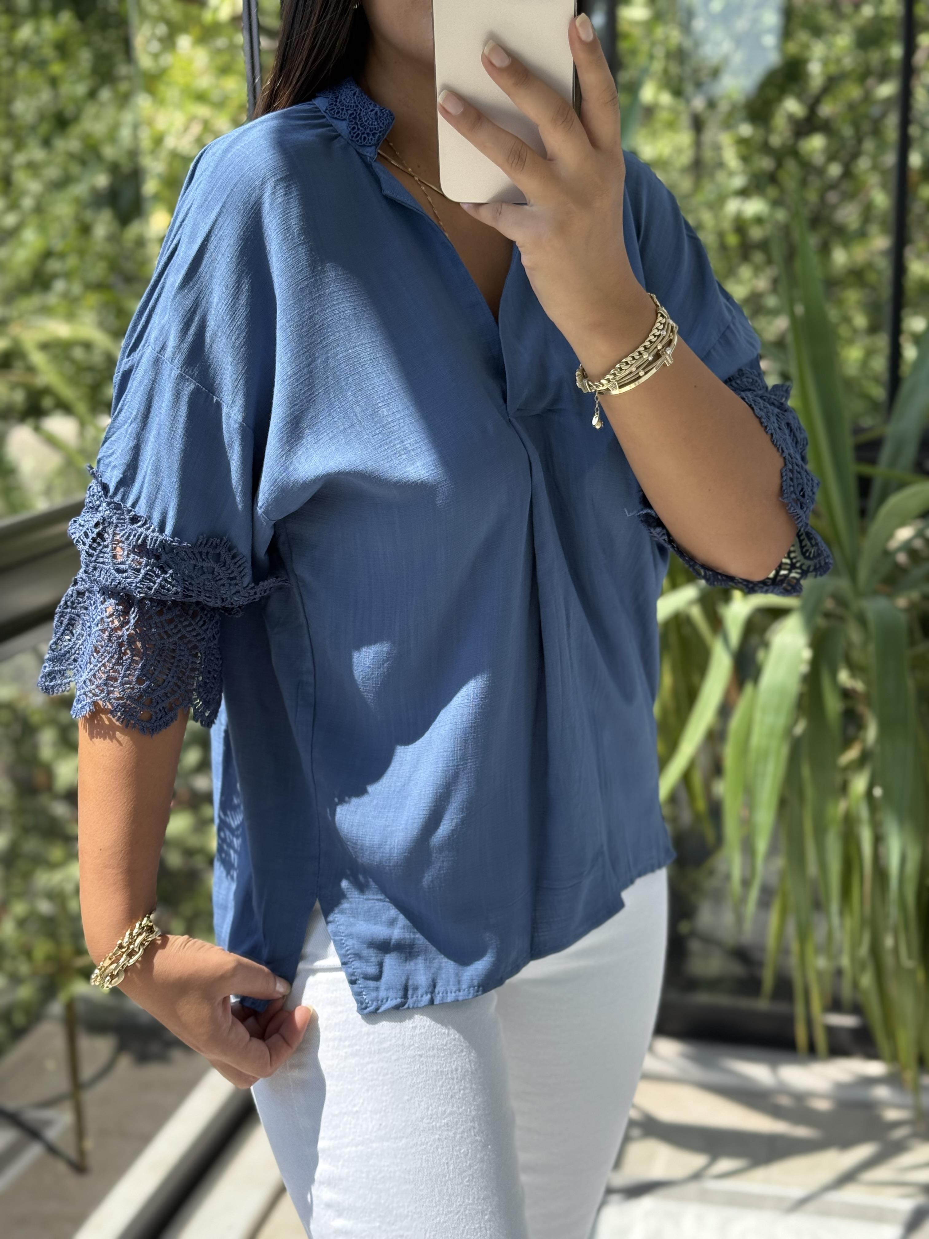 V Yaka Kol Detaylı Bluz İndigo Mavi