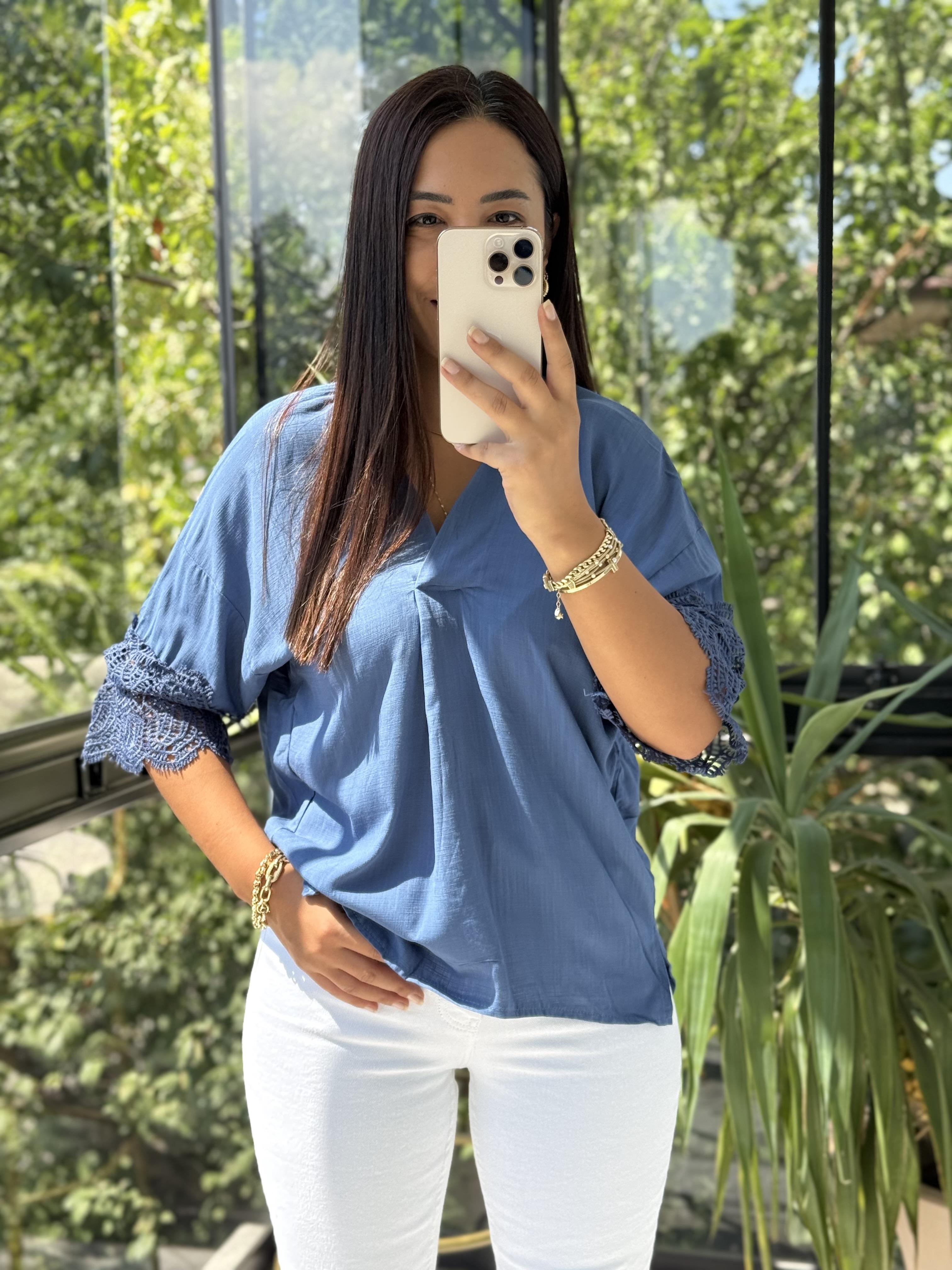 V Yaka Kol Detaylı Bluz İndigo Mavi