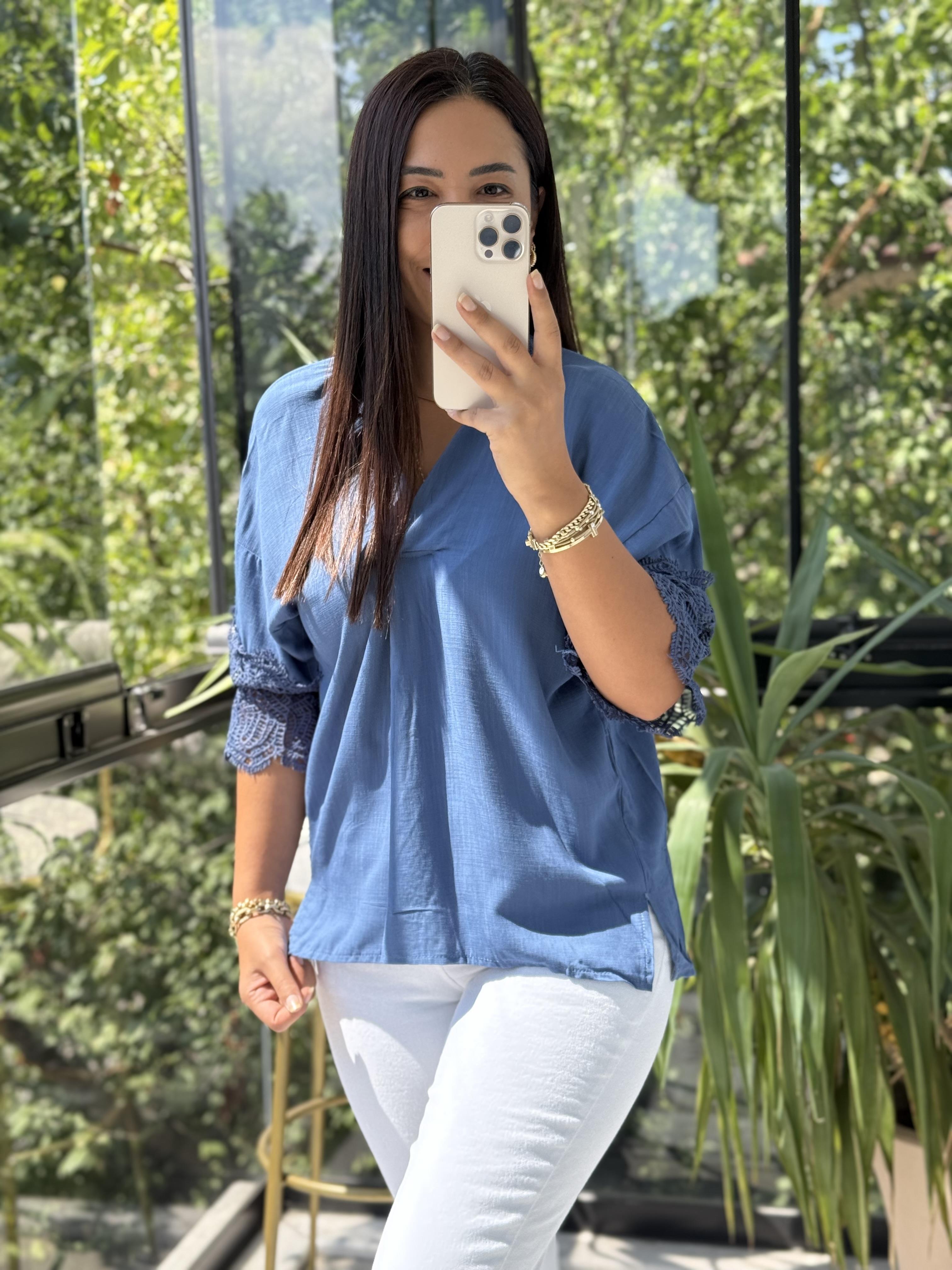 V Yaka Kol Detaylı Bluz İndigo Mavi