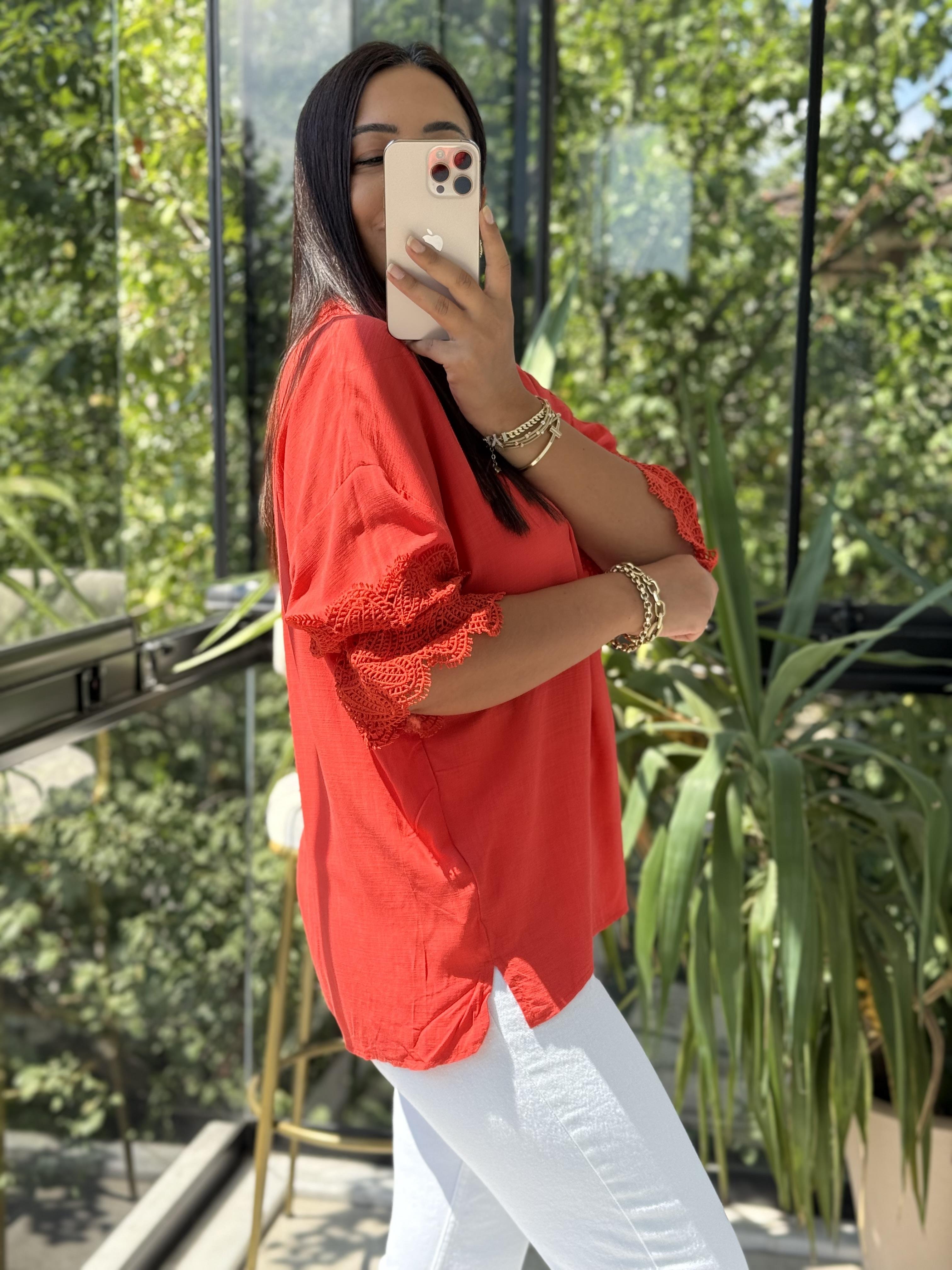 V Yaka Kol Detaylı Bluz Nar Çiçeği